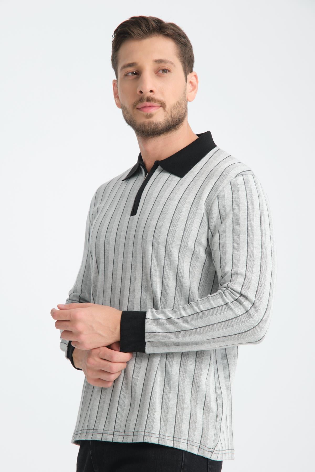 GORJE Erkek Dokulu Jakar Regular Fit Polo Yaka Fermuarlı Triko Kazak