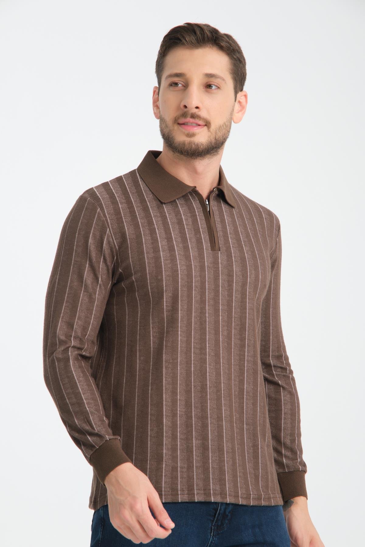 GORJE Erkek Dokulu Jakar Regular Fit Polo Yaka Fermuarlı Triko Kazak
