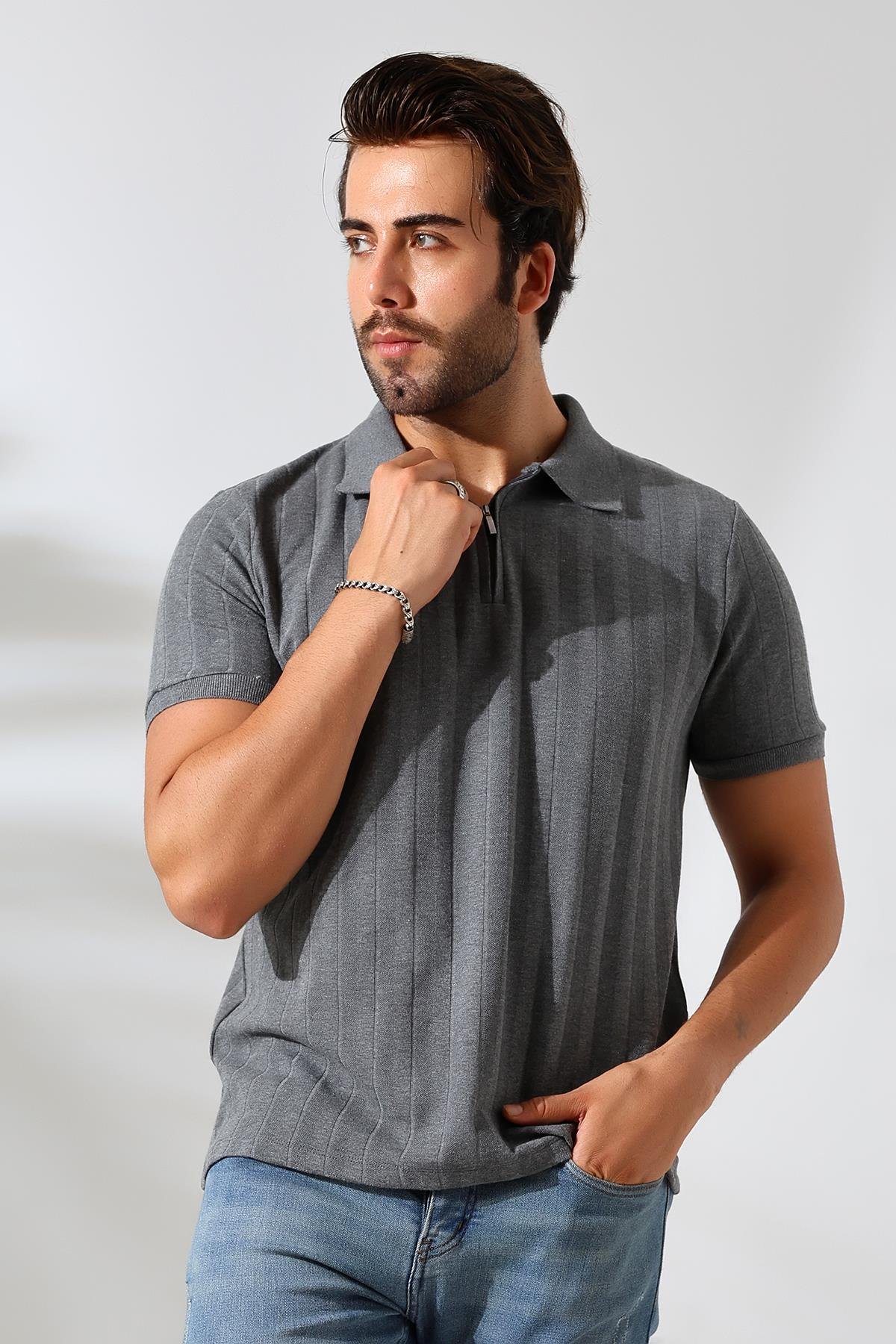 GRANDE Erkek Vizon Yumuşak Dokulu Regular Fit Yol Jakar Polo Yaka Fermuarlı T-shirt & Tişört