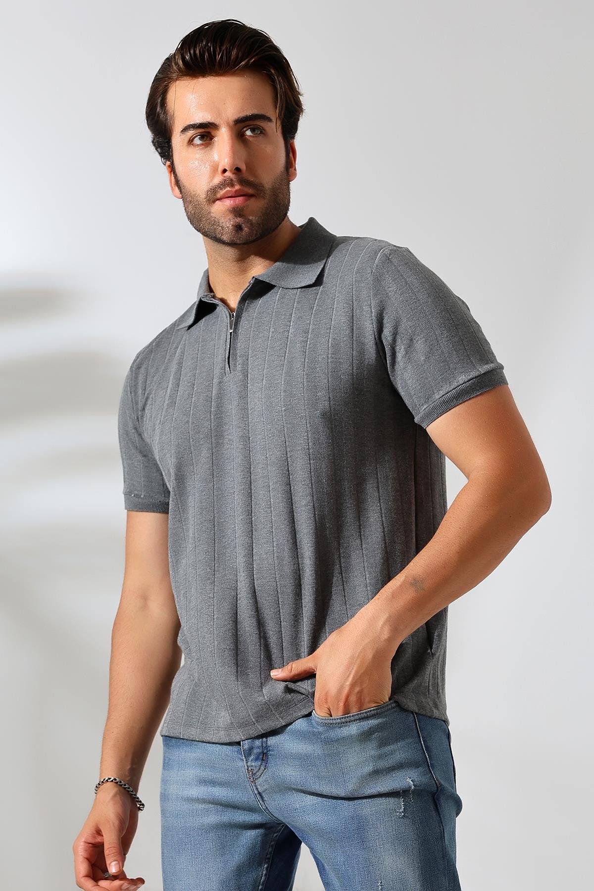 GRANDE Erkek Vizon Yumuşak Dokulu Regular Fit Yol Jakar Polo Yaka Fermuarlı T-shirt & Tişört