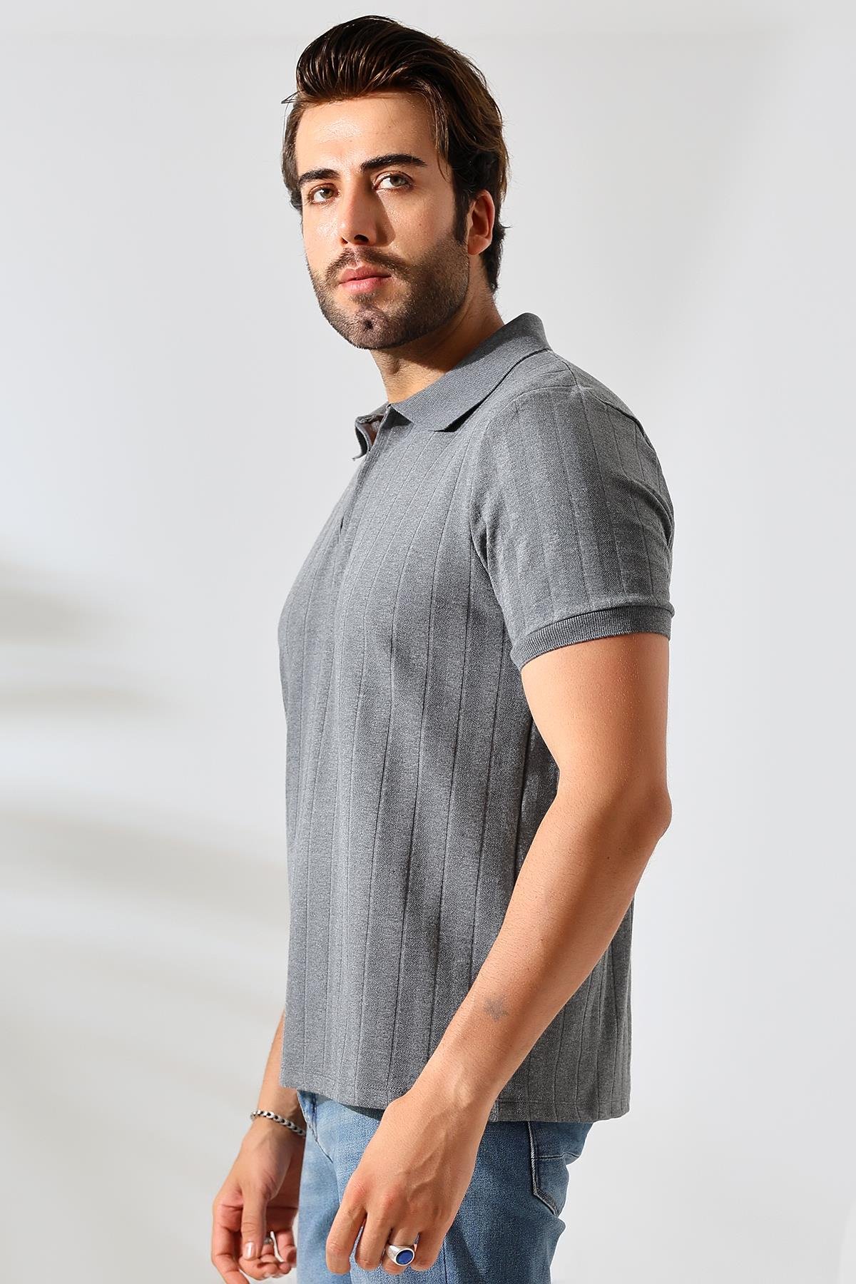 GRANDE Erkek Vizon Yumuşak Dokulu Regular Fit Yol Jakar Polo Yaka Fermuarlı T-shirt & Tişört