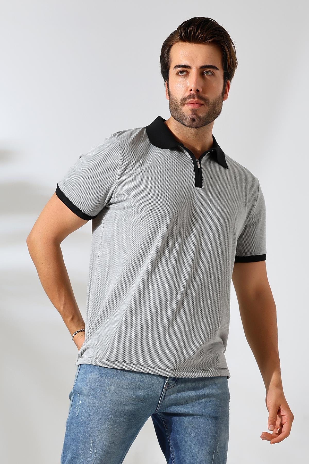 Juan Erkek Siyah Yumuşak Dokulu Regular Fit Pike Jakar Polo Yaka Fermuarlı T-shirt & Tişört