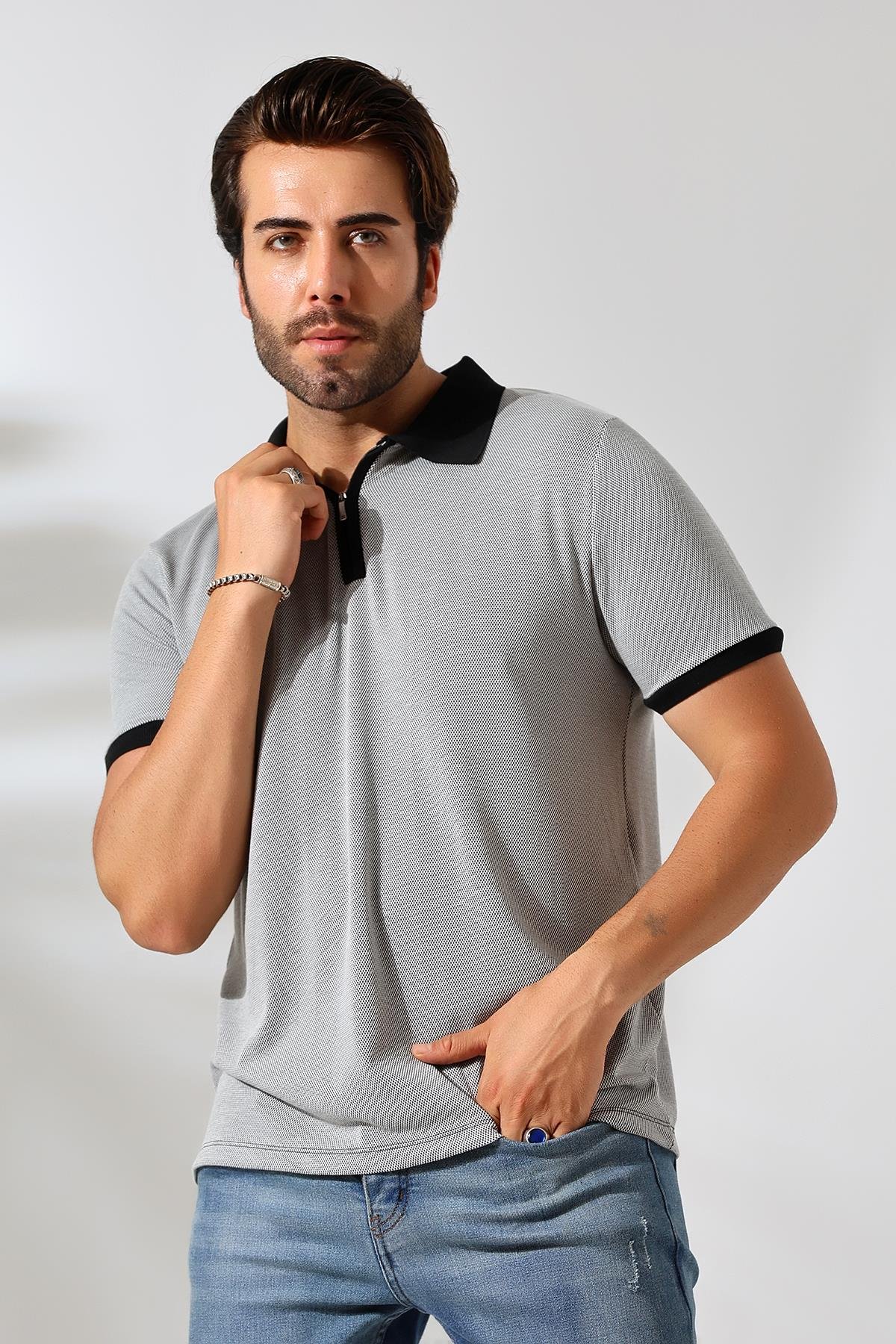 Juan Erkek Siyah Yumuşak Dokulu Regular Fit Pike Jakar Polo Yaka Fermuarlı T-shirt & Tişört
