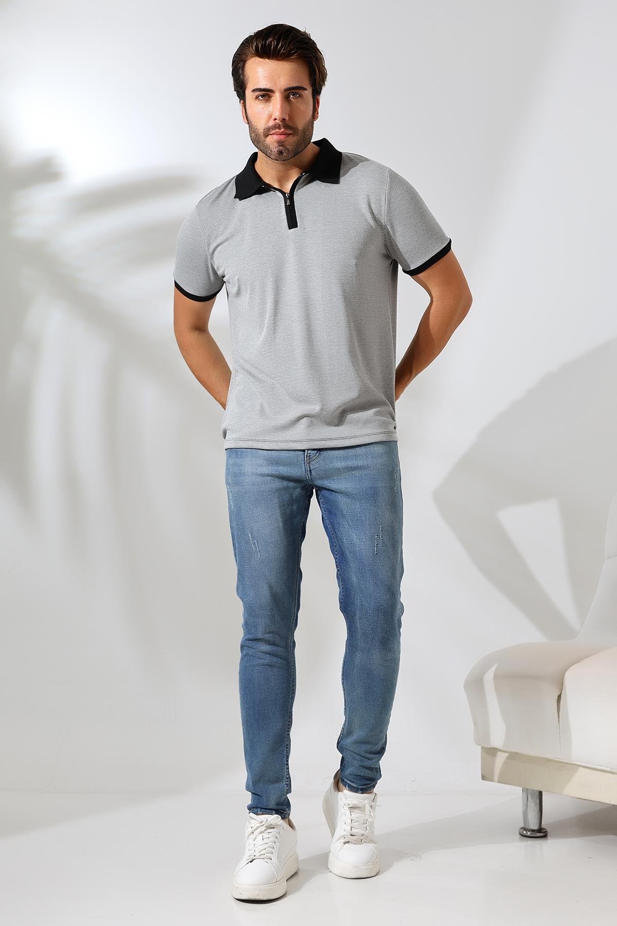 Juan Erkek Siyah Yumuşak Dokulu Regular Fit Pike Jakar Polo Yaka Fermuarlı T-shirt & Tişört