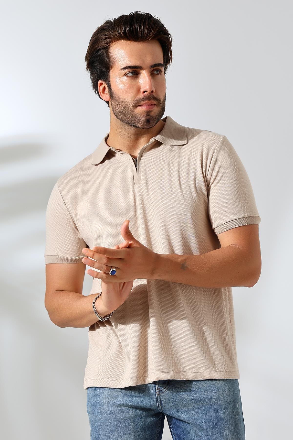 Juan Erkek Vizon Yumuşak Dokulu Regular Fit Pike Jakar Polo Yaka Fermuarlı T-shirt & Tişört