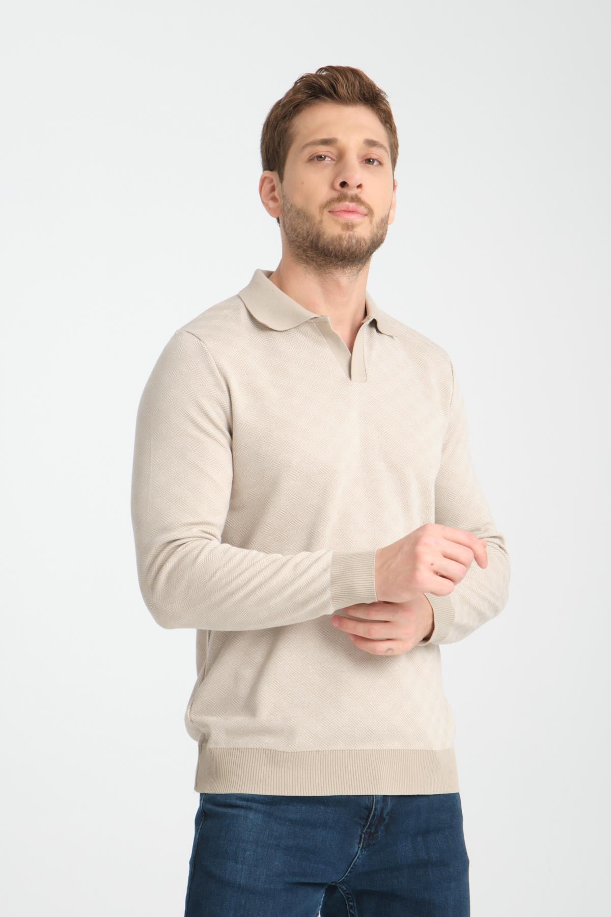 Marino Erkek Dokulu Jakar Slim Fit Açık Polo Yaka Uzun Kollu Triko Kazak