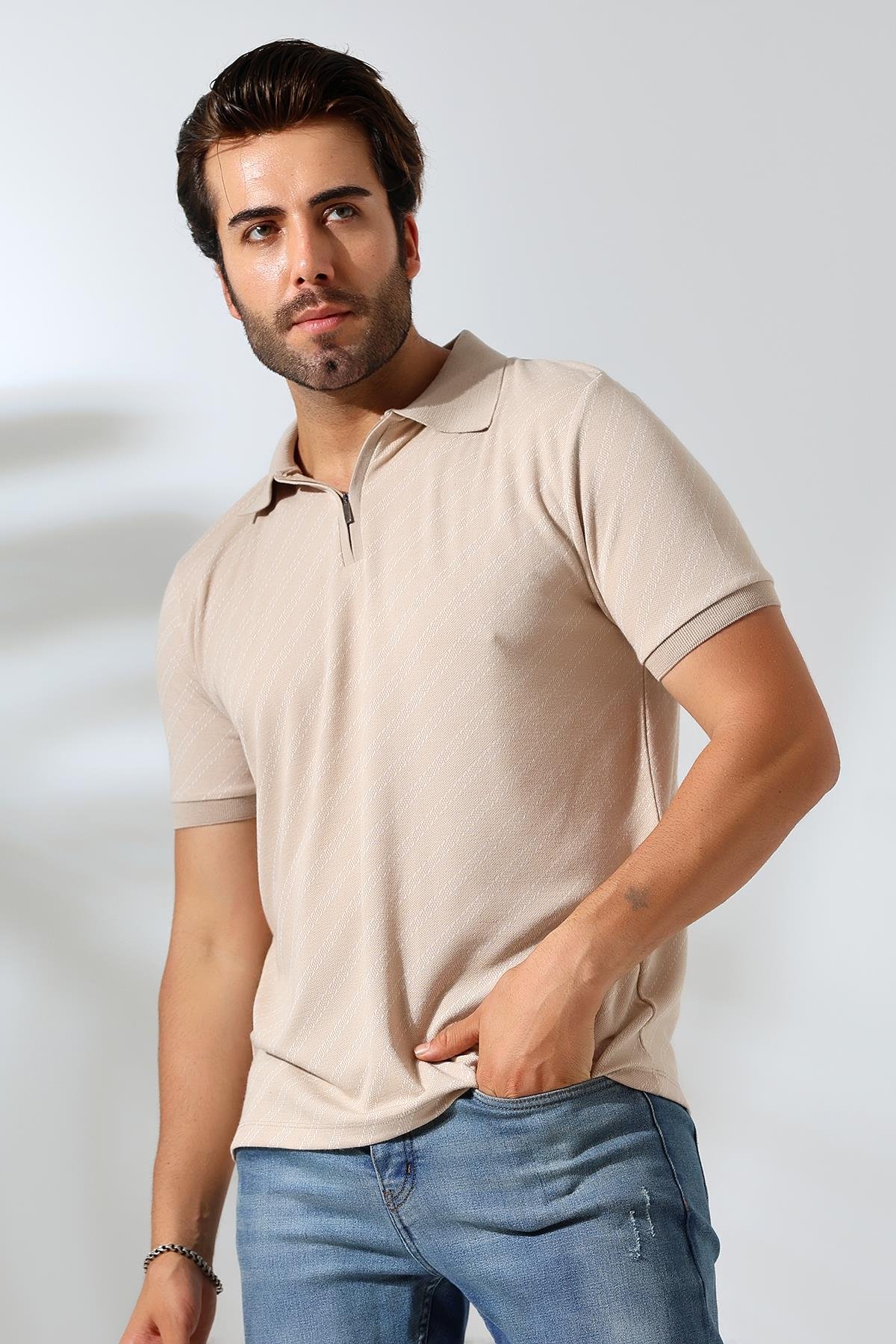 Moreno Erkek Yumuşak Dokulu Regular Fit Verev Diagonal Jakar Polo Yaka Fermuarlı T-shirt & Tişört