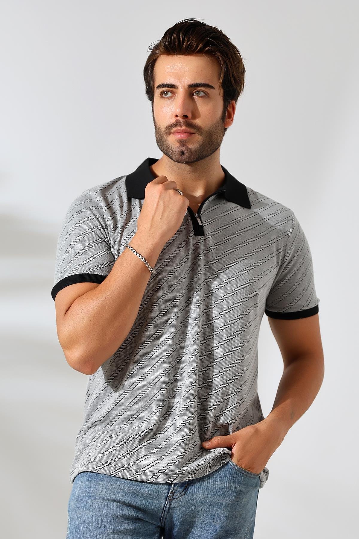 Moreno Erkek Yumuşak Dokulu Regular Fit Verev Diagonal Jakar Polo Yaka Fermuarlı T-shirt & Tişört