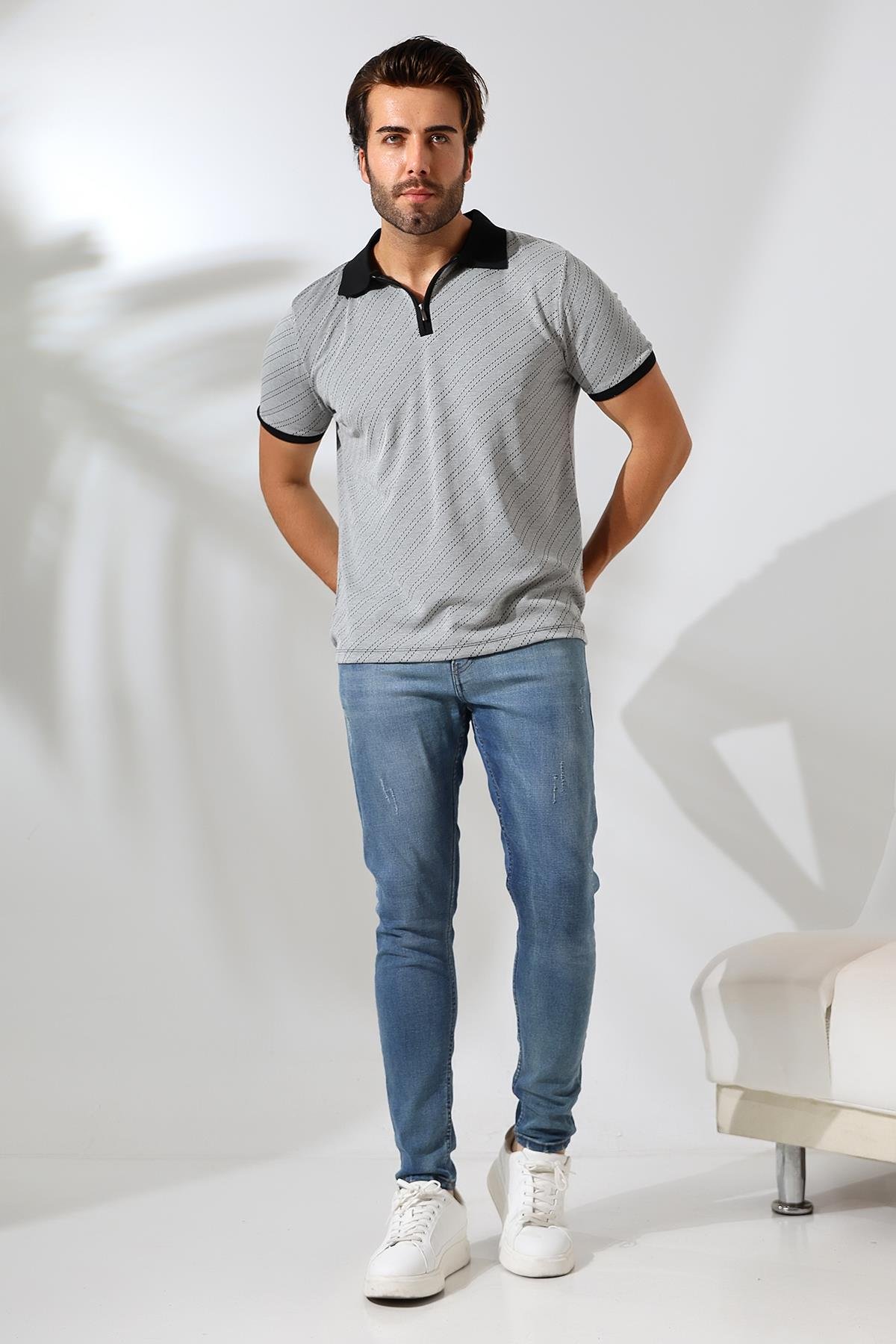 Moreno Erkek Yumuşak Dokulu Regular Fit Verev Diagonal Jakar Polo Yaka Fermuarlı T-shirt & Tişört