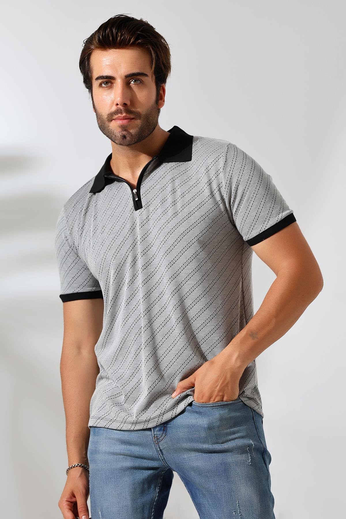 Moreno Erkek Yumuşak Dokulu Regular Fit Verev Diagonal Jakar Polo Yaka Fermuarlı T-shirt & Tişört