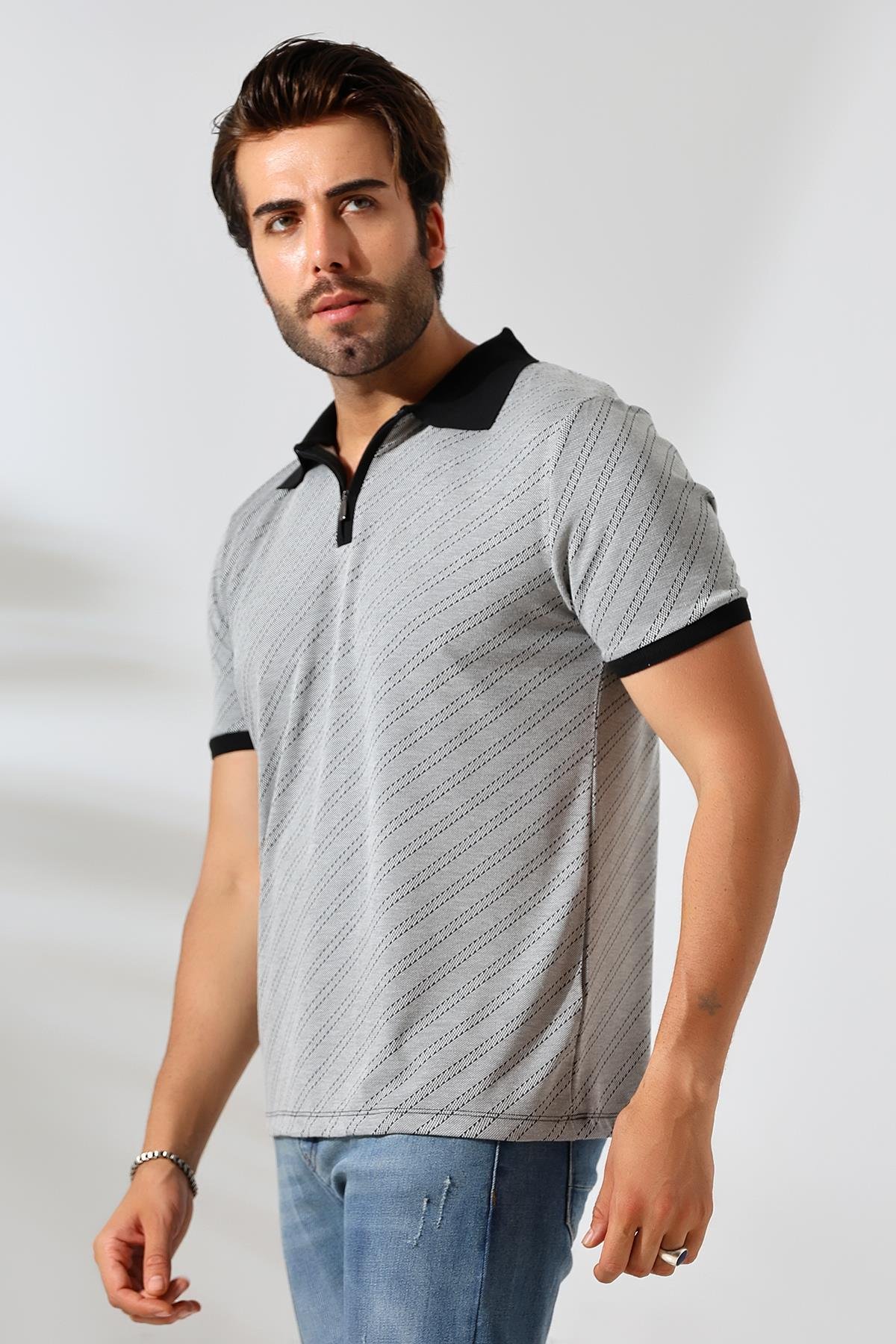 Moreno Erkek Yumuşak Dokulu Regular Fit Verev Diagonal Jakar Polo Yaka Fermuarlı T-shirt & Tişört