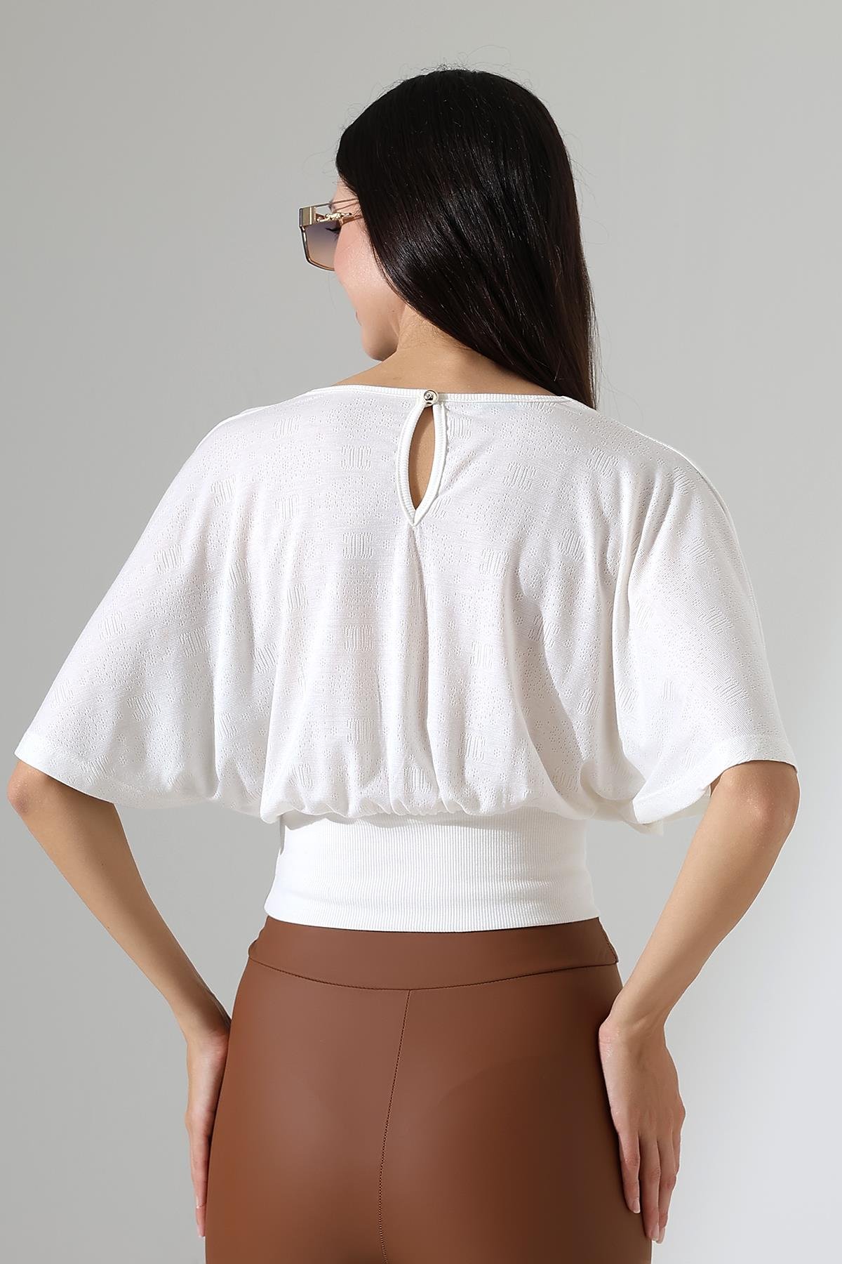 Nola Kadın Kruvaze Volan Kollu Ajur Jakarlı Crop Top & Bluz & Penye Bluz - Ekru