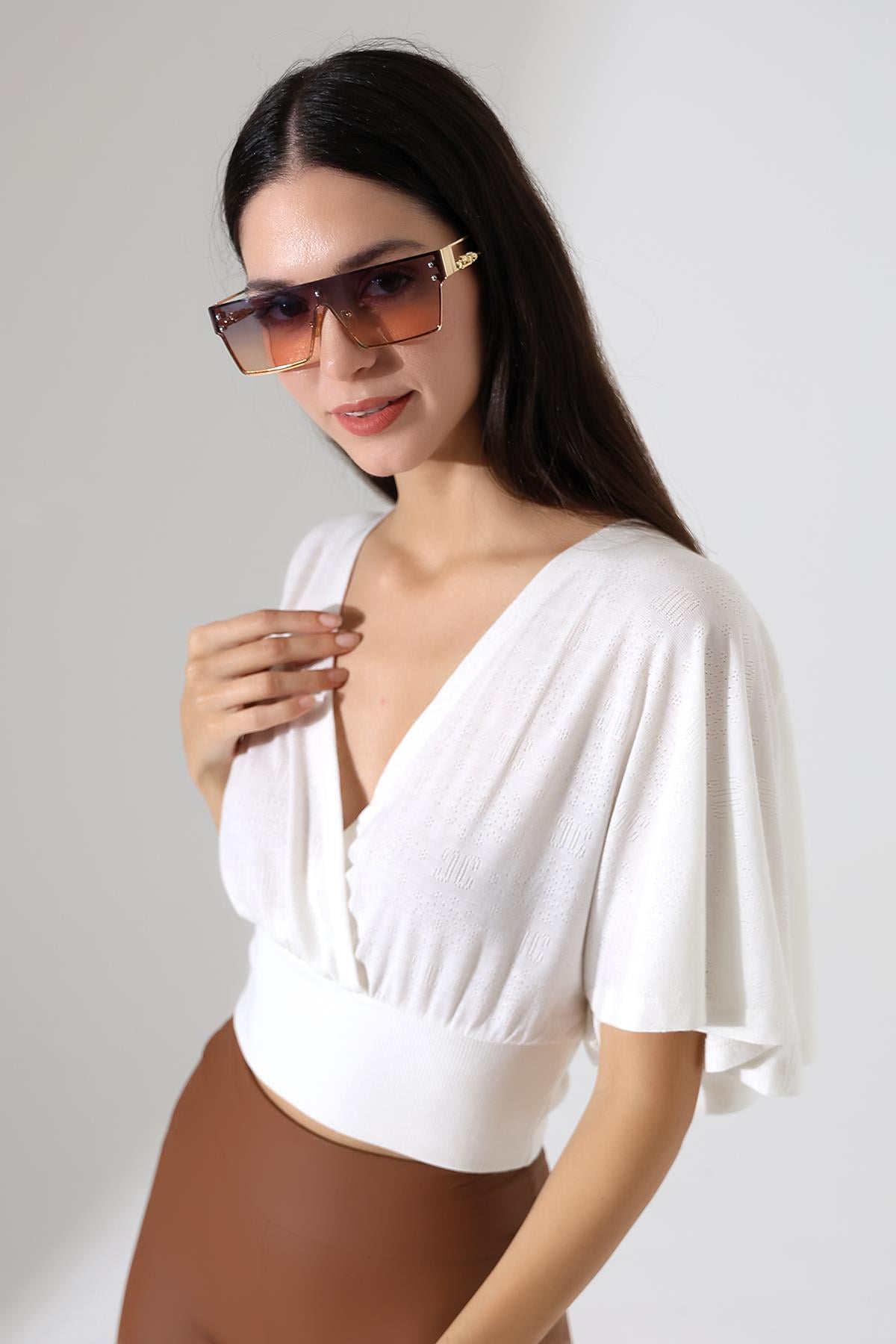 Nola Kadın Kruvaze Volan Kollu Ajur Jakarlı Crop Top & Bluz & Penye Bluz - Ekru