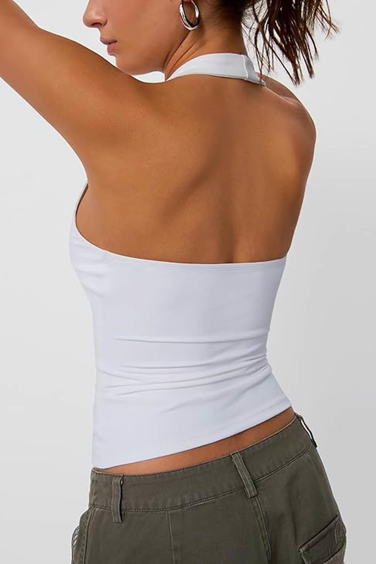 Sibut Kadın Boyundan Geçmeli Bambu Halter Yaka Tulum Top & Bluz - Beyaz