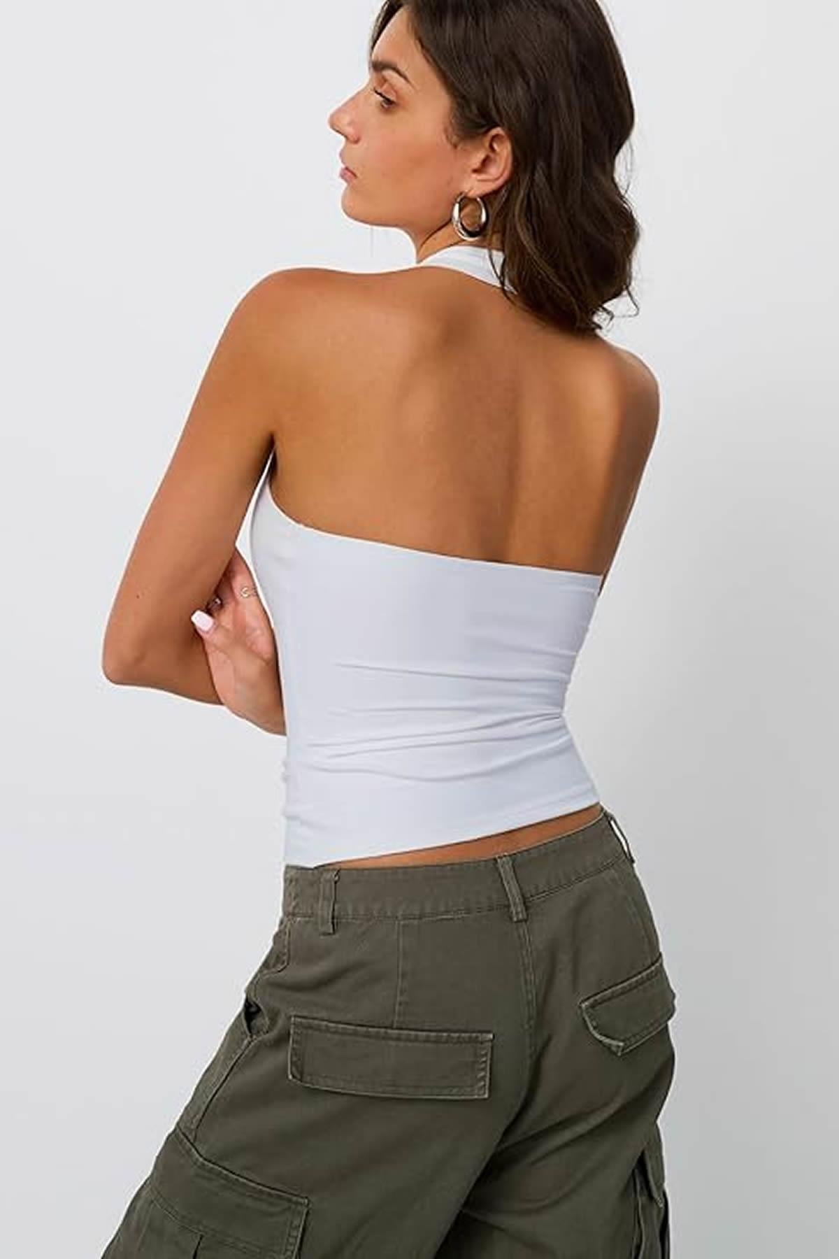 Sibut Kadın Boyundan Geçmeli Bambu Halter Yaka Tulum Top & Bluz - Beyaz