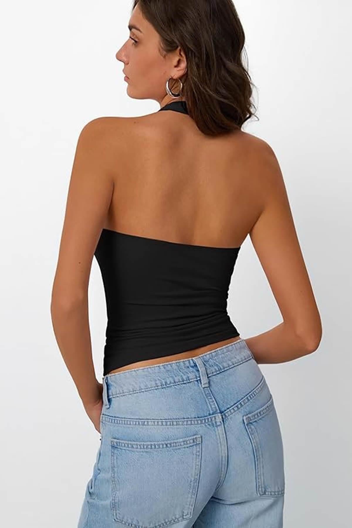 Sibut Kadın Boyundan Geçmeli Bambu Halter Yaka Tulum Top & Bluz - Siyah