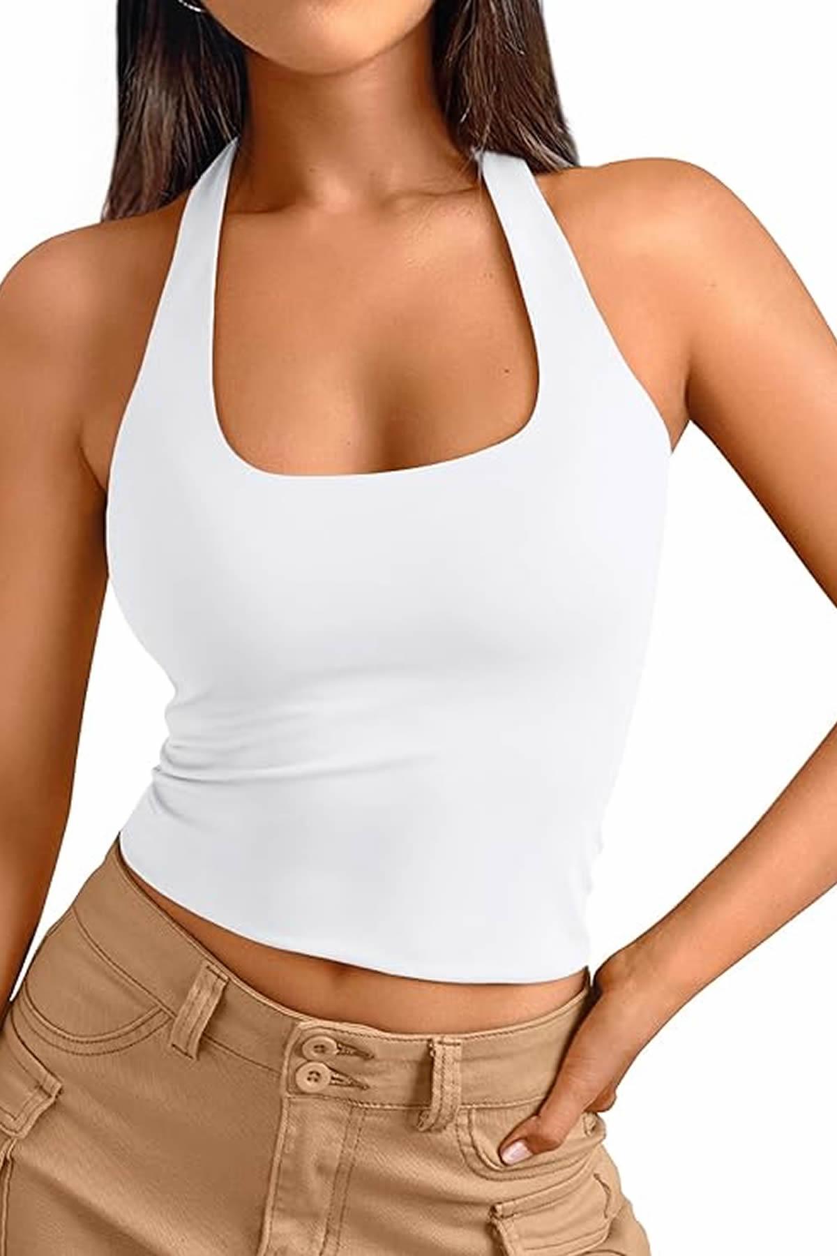 Sibut Kadın Boyundan Geçmeli Bambu Halter Yaka Tulum Top & Bluz - Beyaz