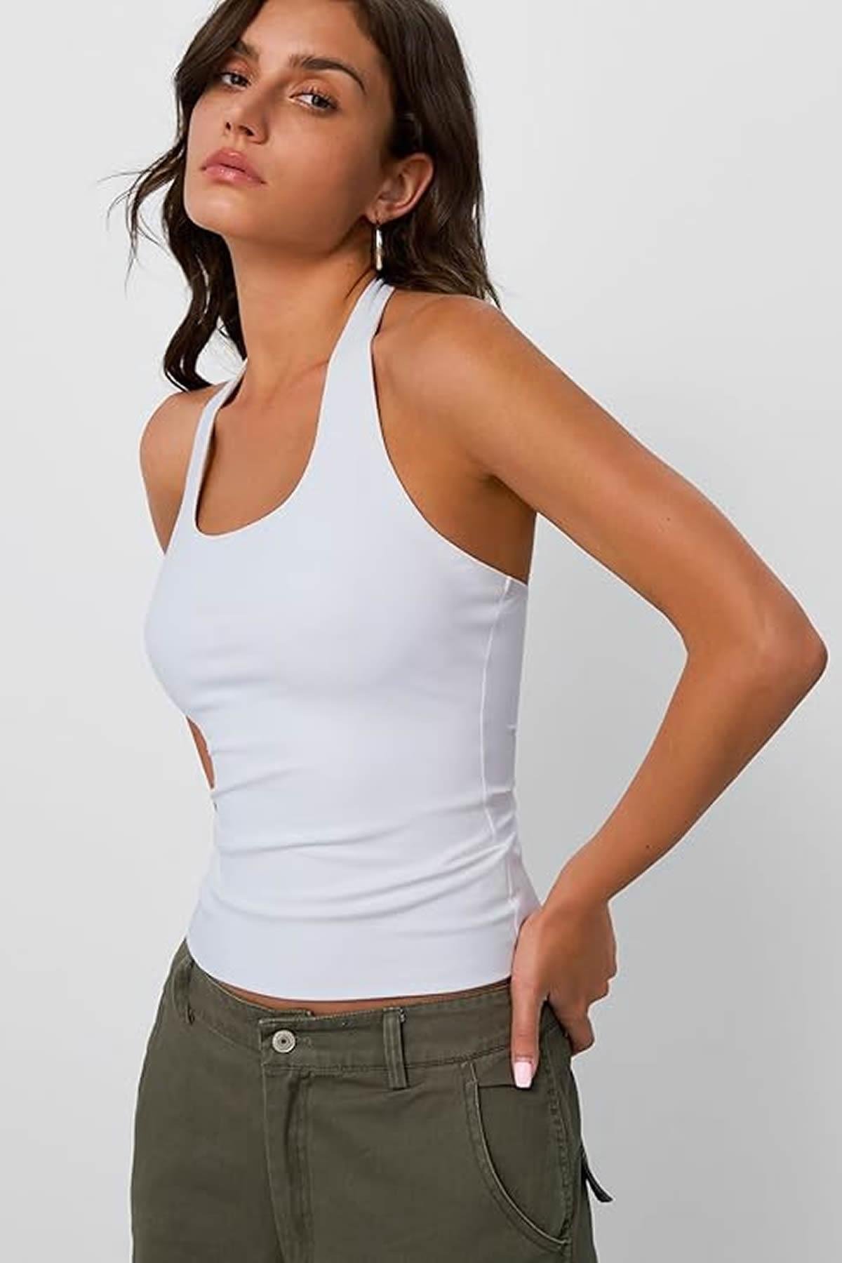 Sibut Kadın Boyundan Geçmeli Bambu Halter Yaka Tulum Top & Bluz - Beyaz
