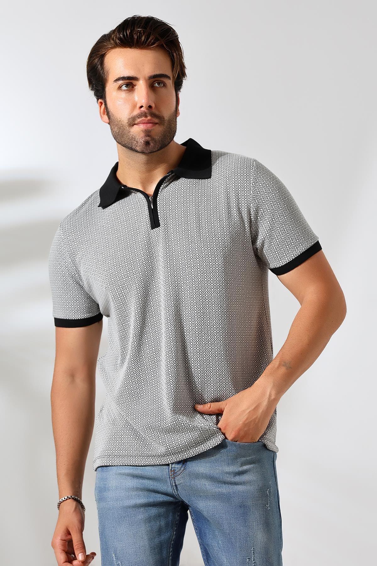 Temper Erkek Siyah Yumuşak Dokulu Regularfit Minik Baklavajakar Polo Yaka Fermuarlı T-shirt & Tişört