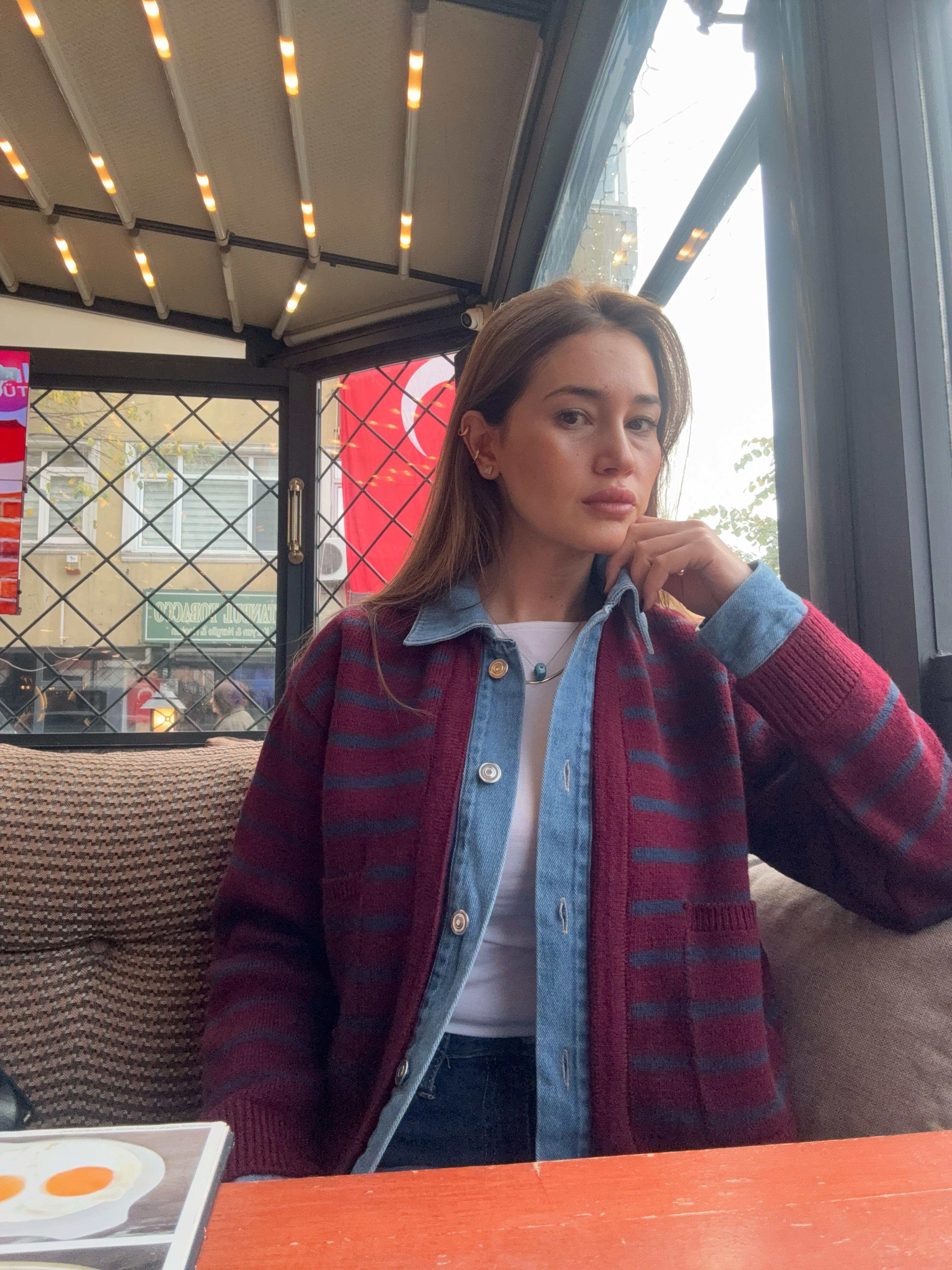 Denim Detaylı Çizgili Triko Hırka – Bordo / Mavi