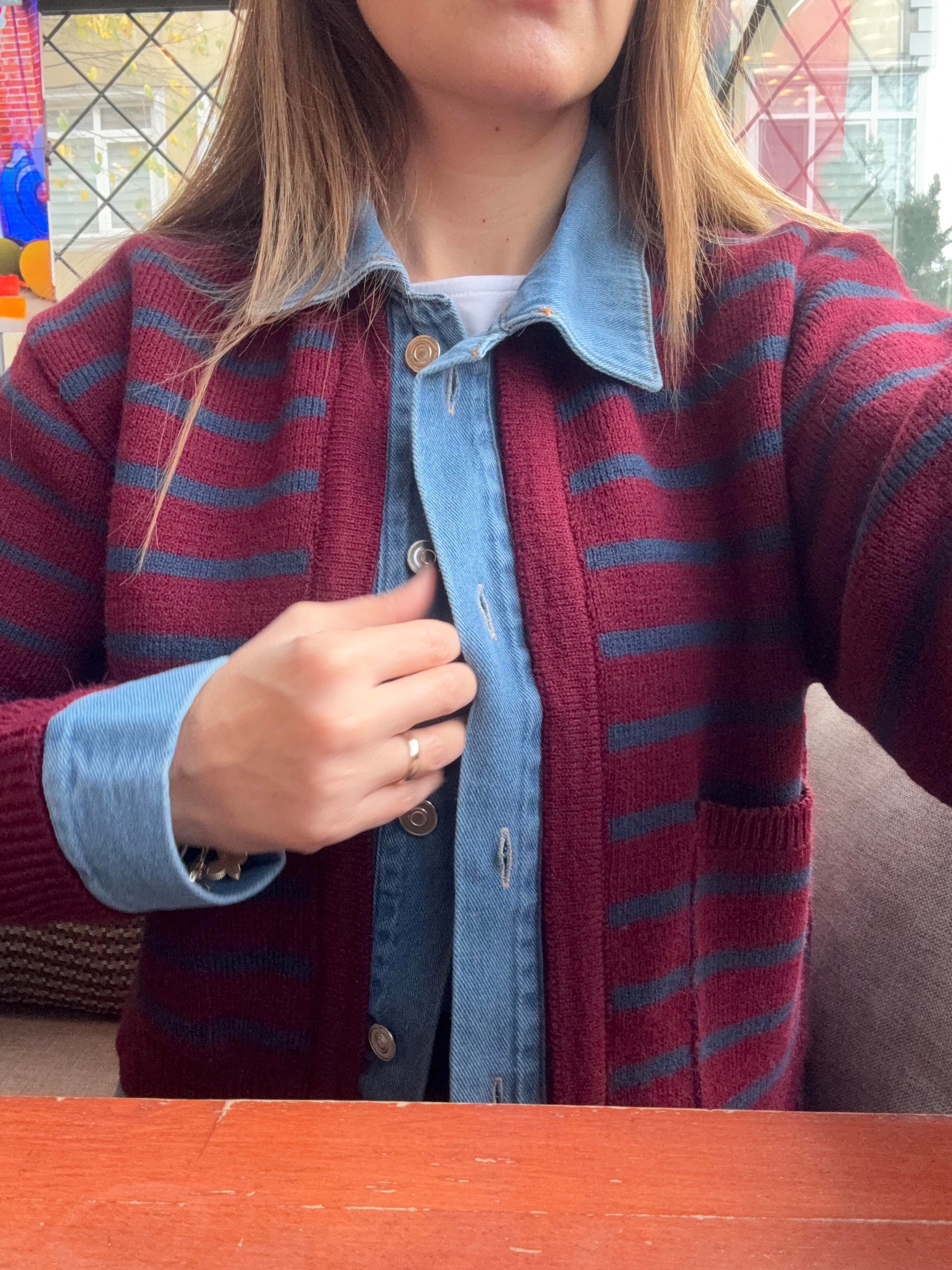 Denim Detaylı Çizgili Triko Hırka – Bordo / Mavi