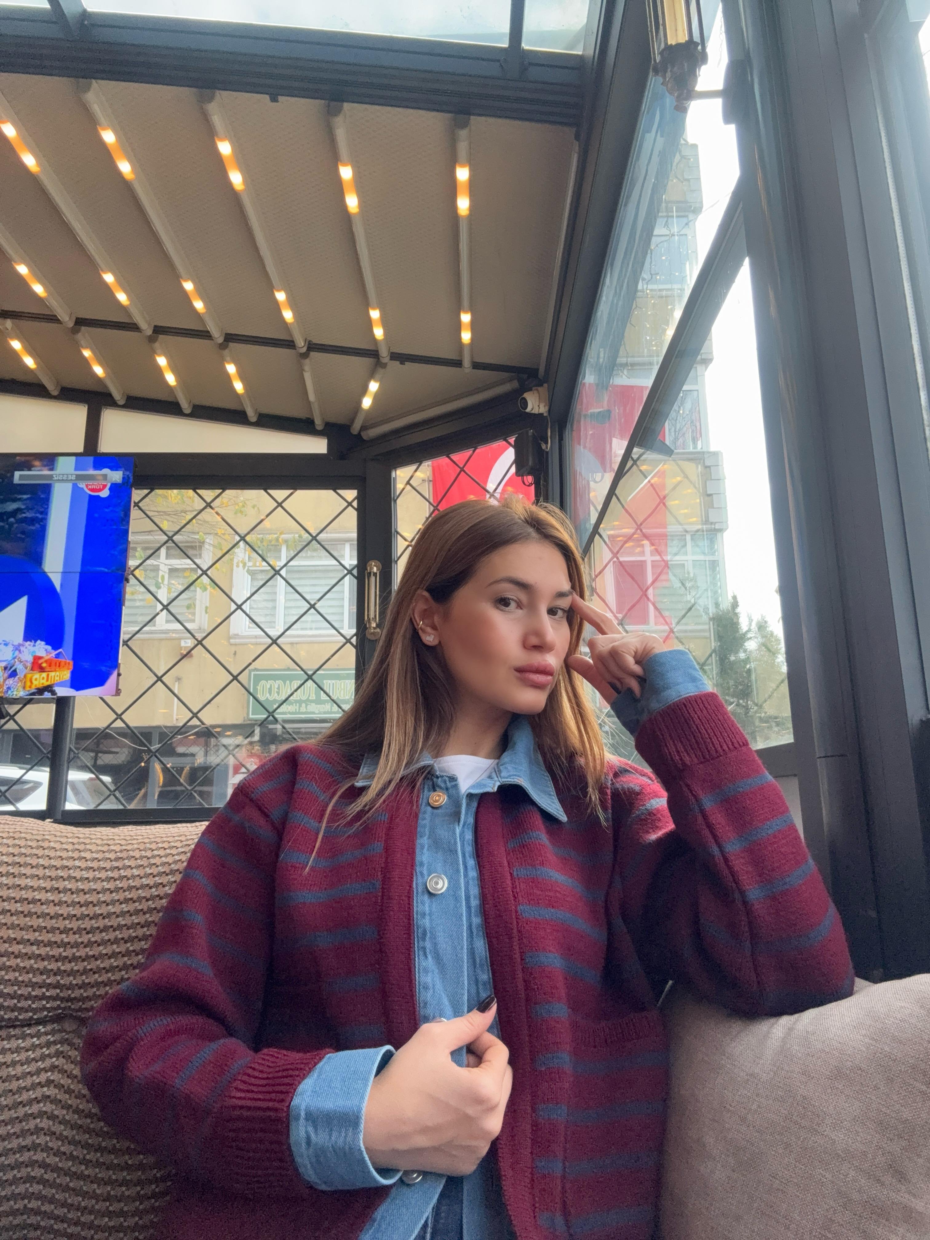 Denim Detaylı Çizgili Triko Hırka – Bordo / Mavi