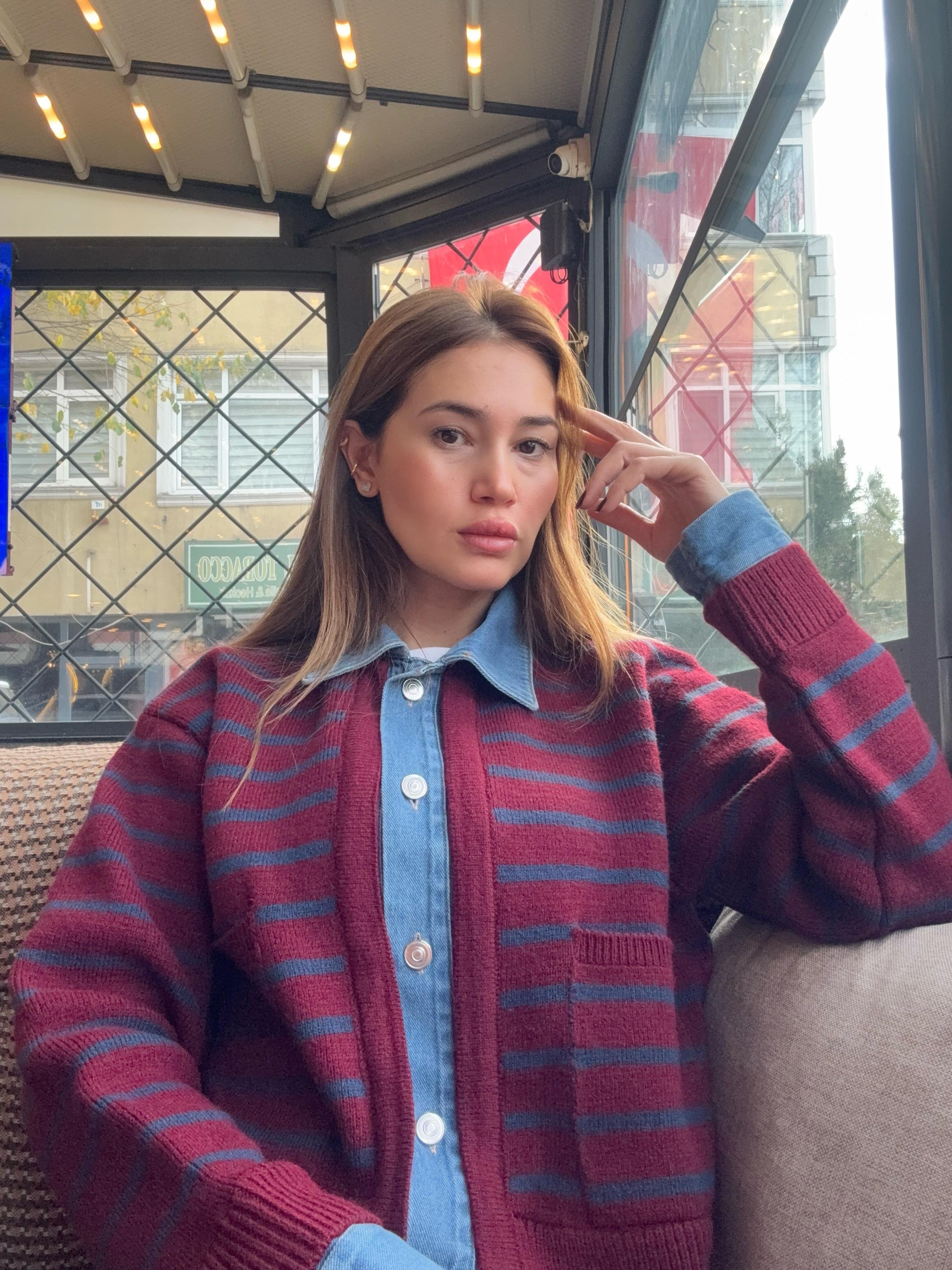 Denim Detaylı Çizgili Triko Hırka – Bordo / Mavi