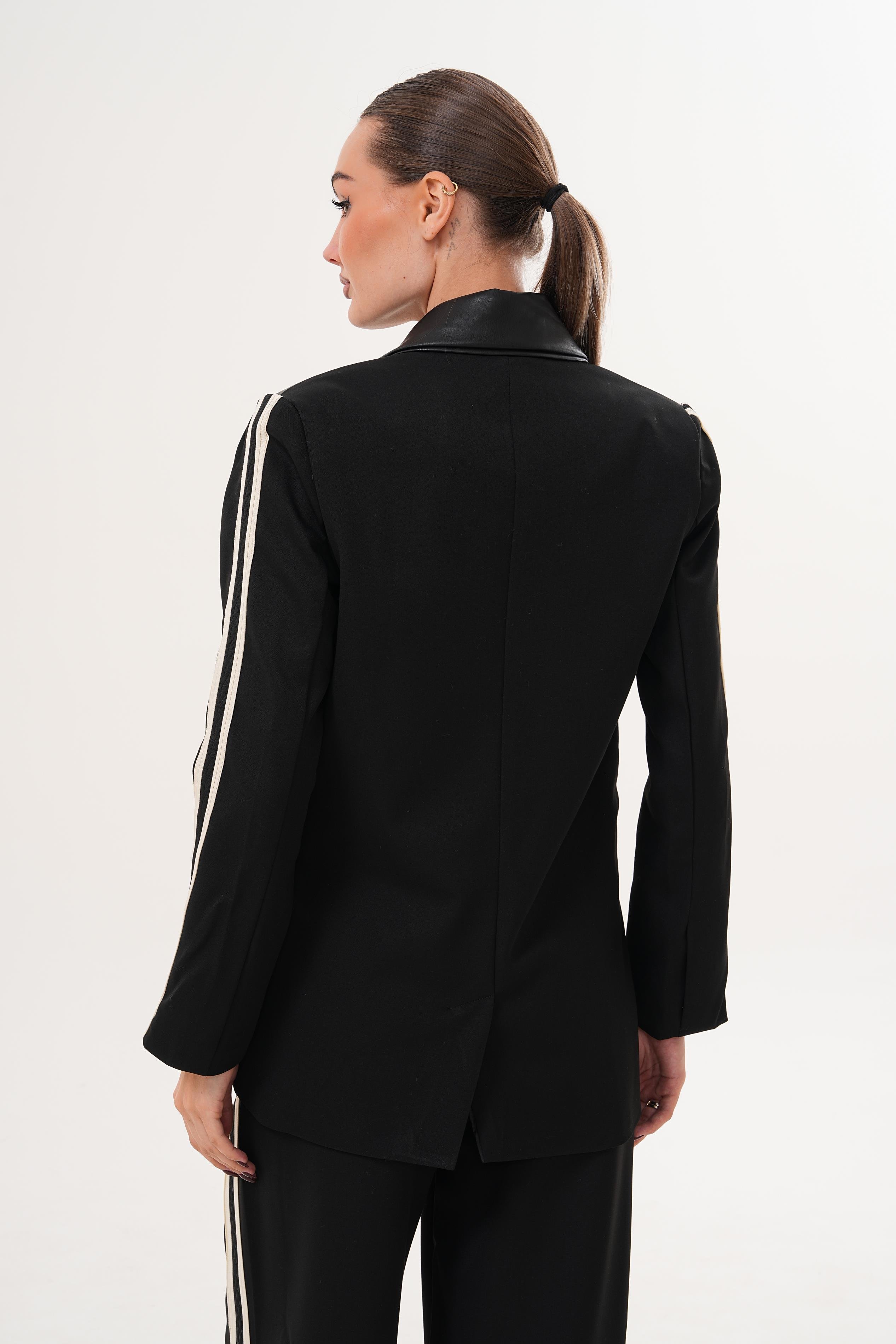Siyah Deri Detaylı Spor Blazer Ceket