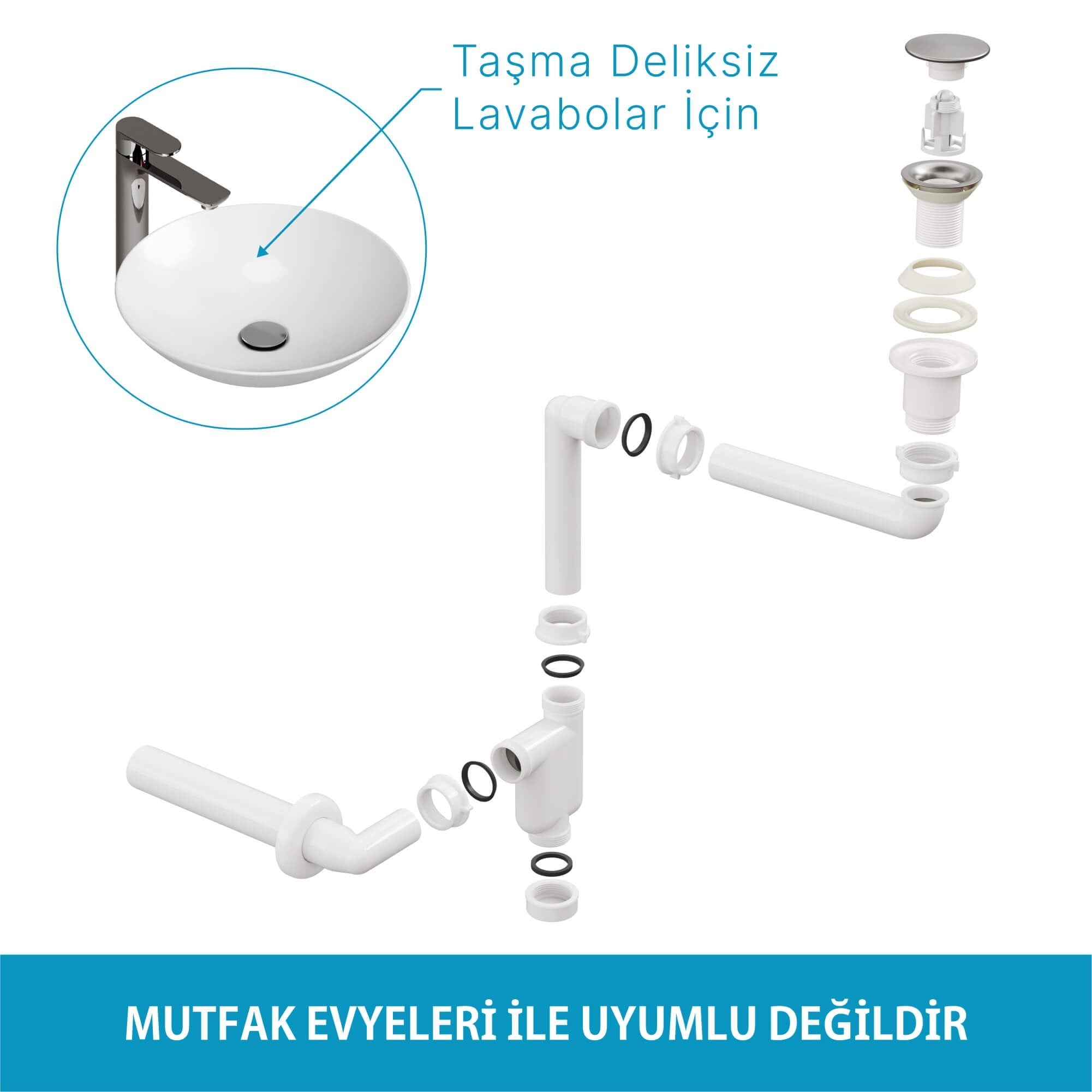  Aqua Bagno  Smart Pop-up  sifon , Taşma Deliksiz  Krom +Comfort Yer Kazandıran Lavabo Sifonu -2 Par