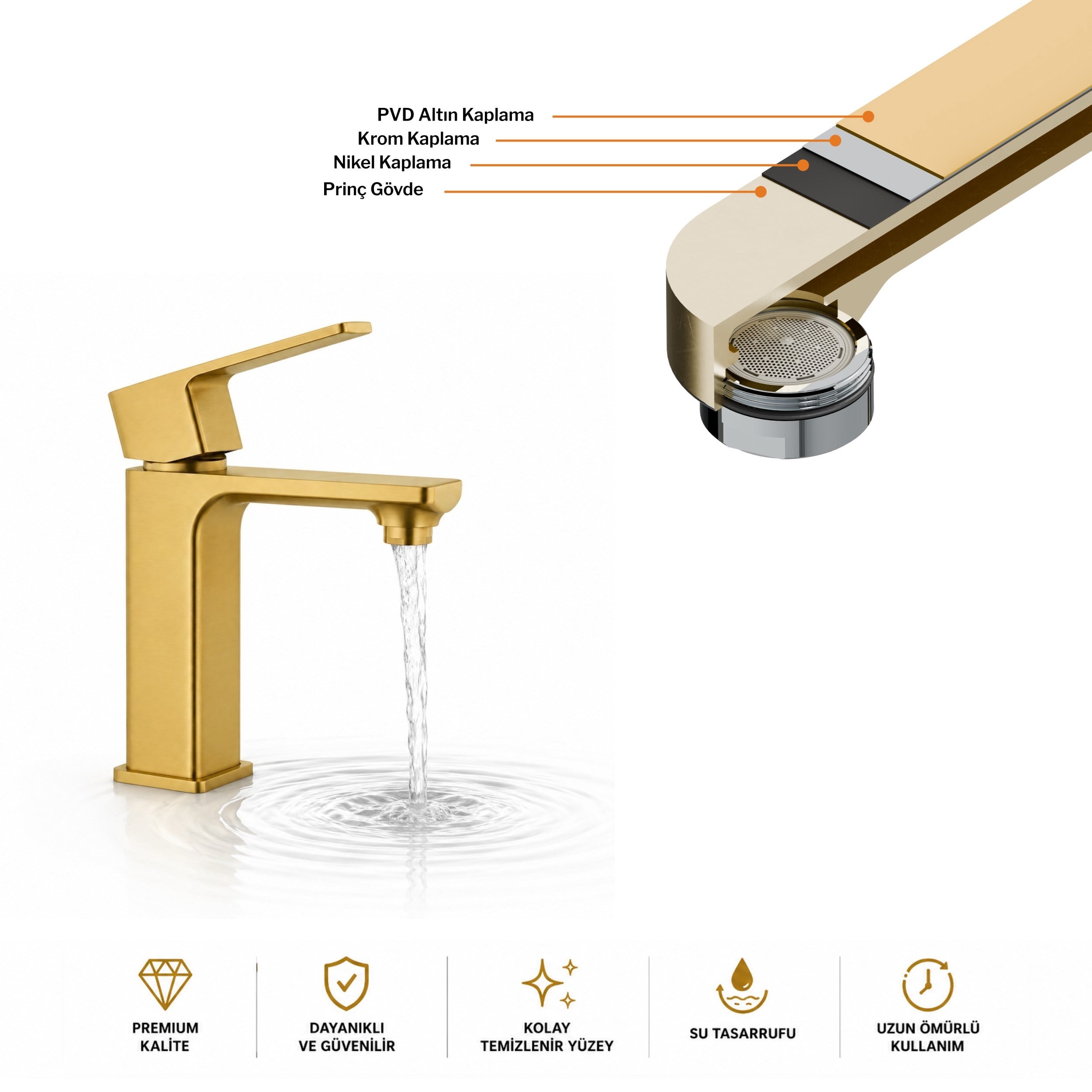 Adell Bloc Lavabo Bataryası Mat Altın Fırçalı (Brushed Gold) Modern Lavabo Musluğu | 159401018