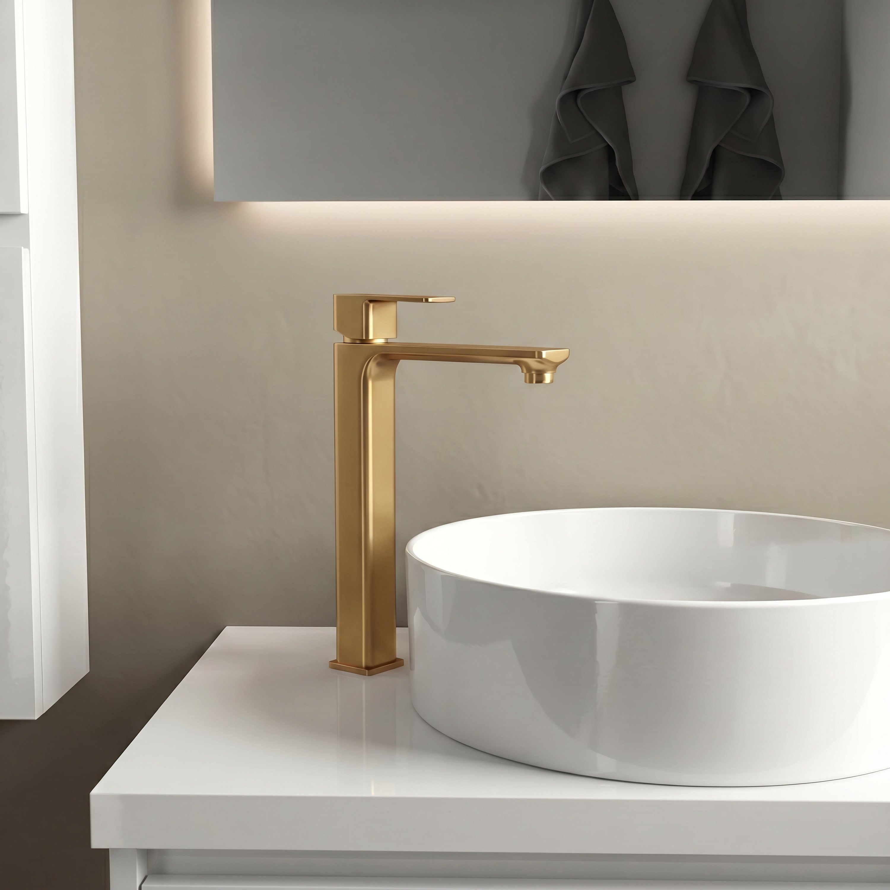 Adell Bloc Uzun Lavabo Bataryası Mat Altın Fırçalı (Brushed Gold) Modern Lavabo Musluğu | 159401518