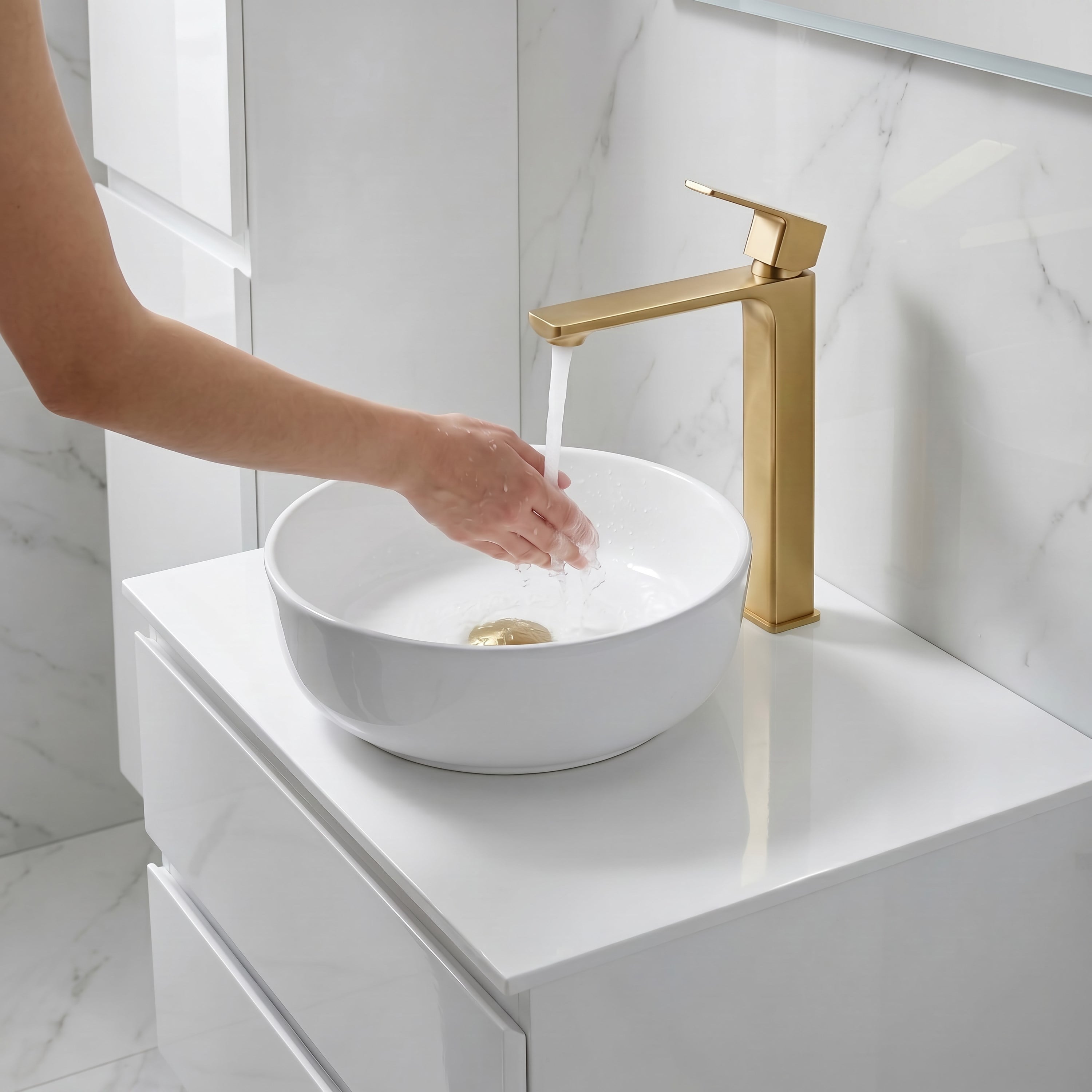 Adell Bloc Uzun Lavabo Bataryası Mat Altın Fırçalı (Brushed Gold) Modern Lavabo Musluğu | 159401518