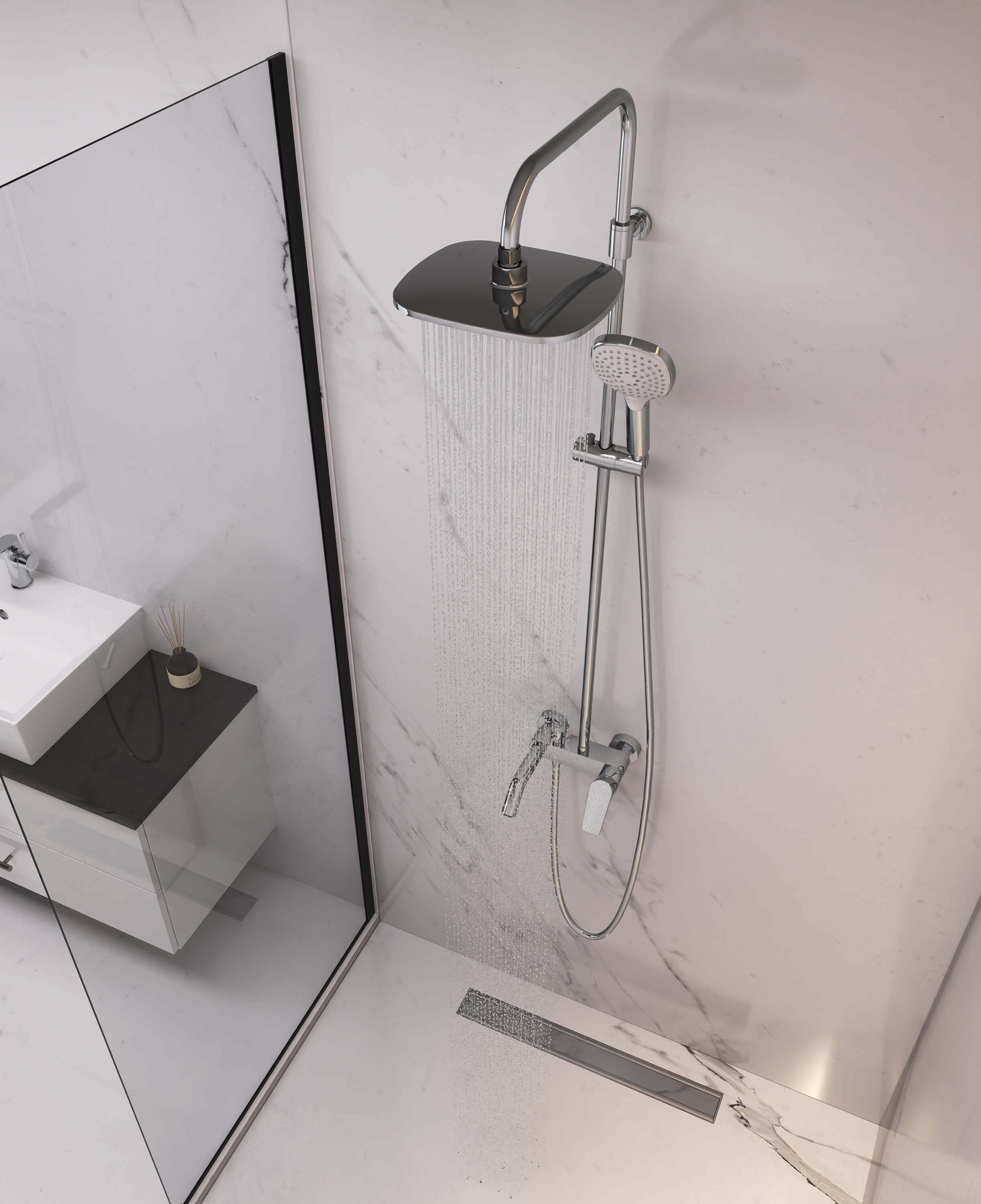 Adell Lento Rain Tepe  Duş Sistemi Seti-3 yollu çıkış uçlu,Parlak Krom-15490531