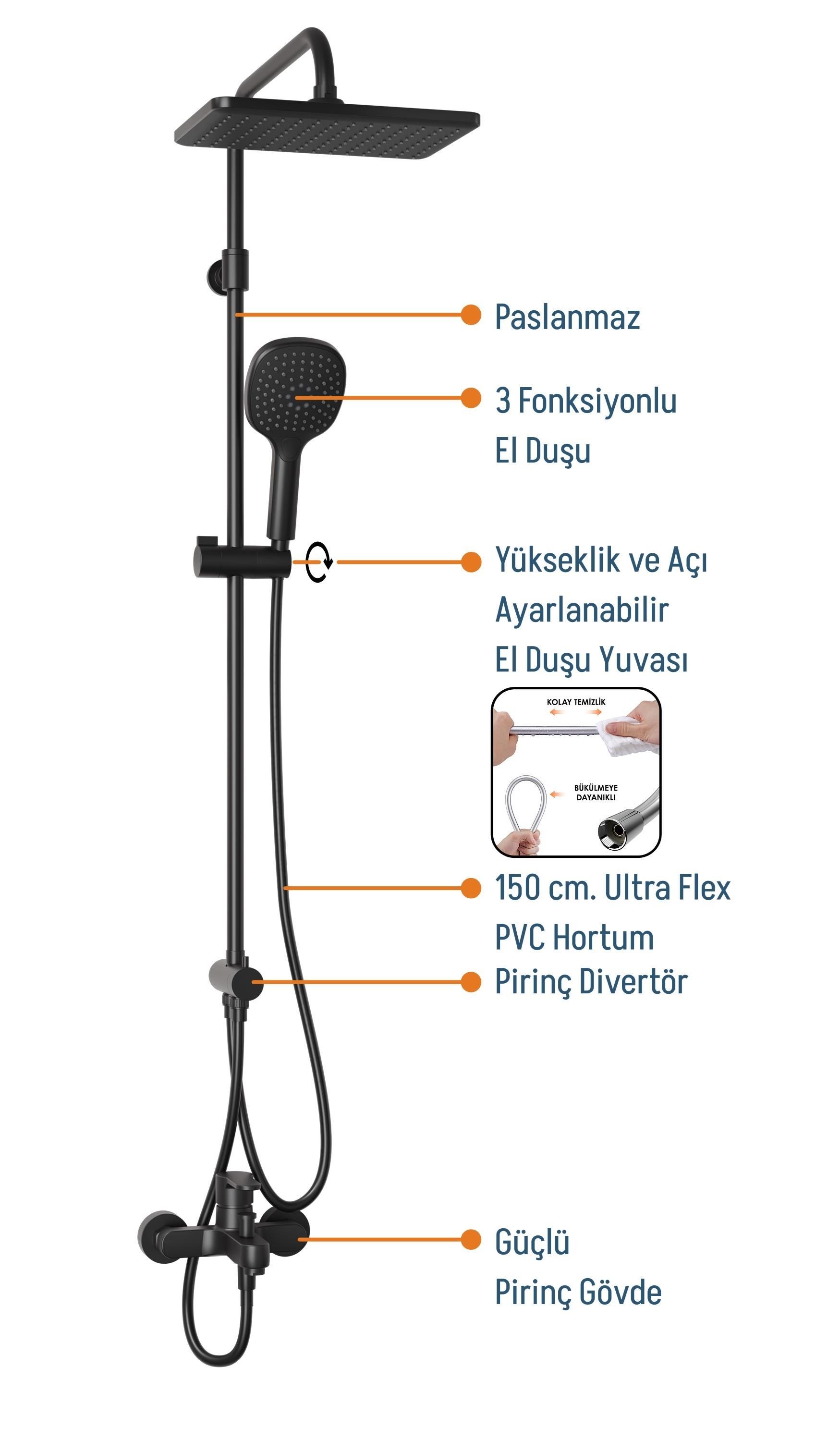 Adell Mode S Rain Duş Sistemi + Lento Banyo Bataryası 2 Parça Set – Mat Siyah | ADS.35.01.02.03