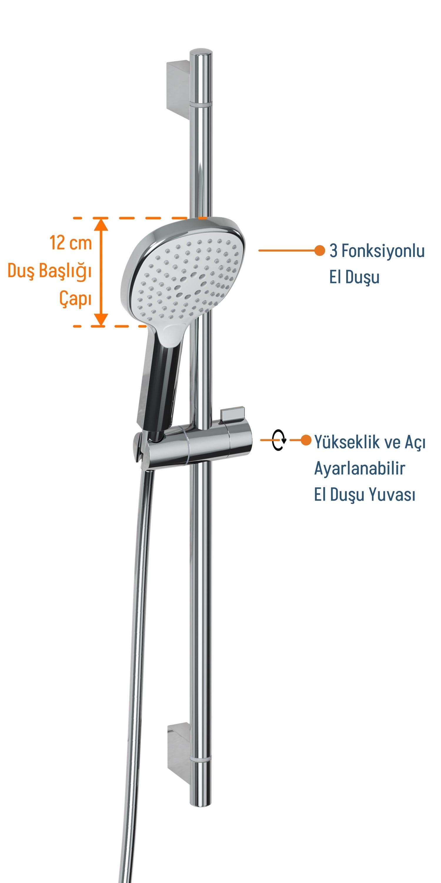 Adell Mode S Sürgülü Duş Seti – Parlak Krom | 3 Fonksiyonlu El Duşu | PVC Flex Hortum | 15782023