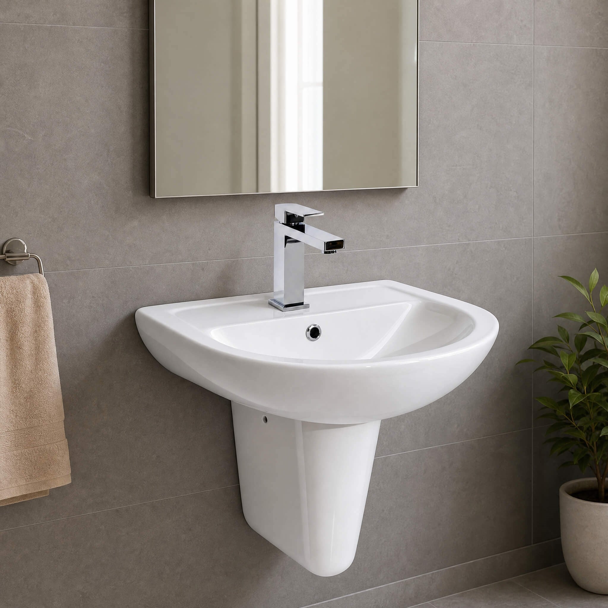 Alvit 50x60 cm Lavabo – Batarya Delikli – Duvara Asma – Tam ve Yarım Ayak Uyumlu – Parlak Beyaz | 70SF20060