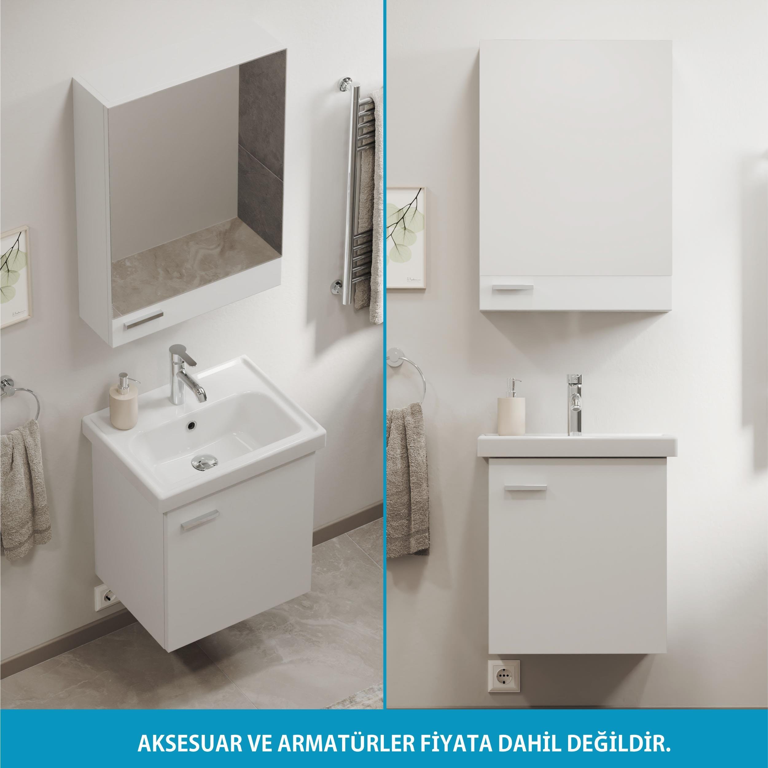 Aqua Bagno Basic Alt dolap + Üst dolap -Lavabo dahil-Beyaz ,50 cm. 3 parça