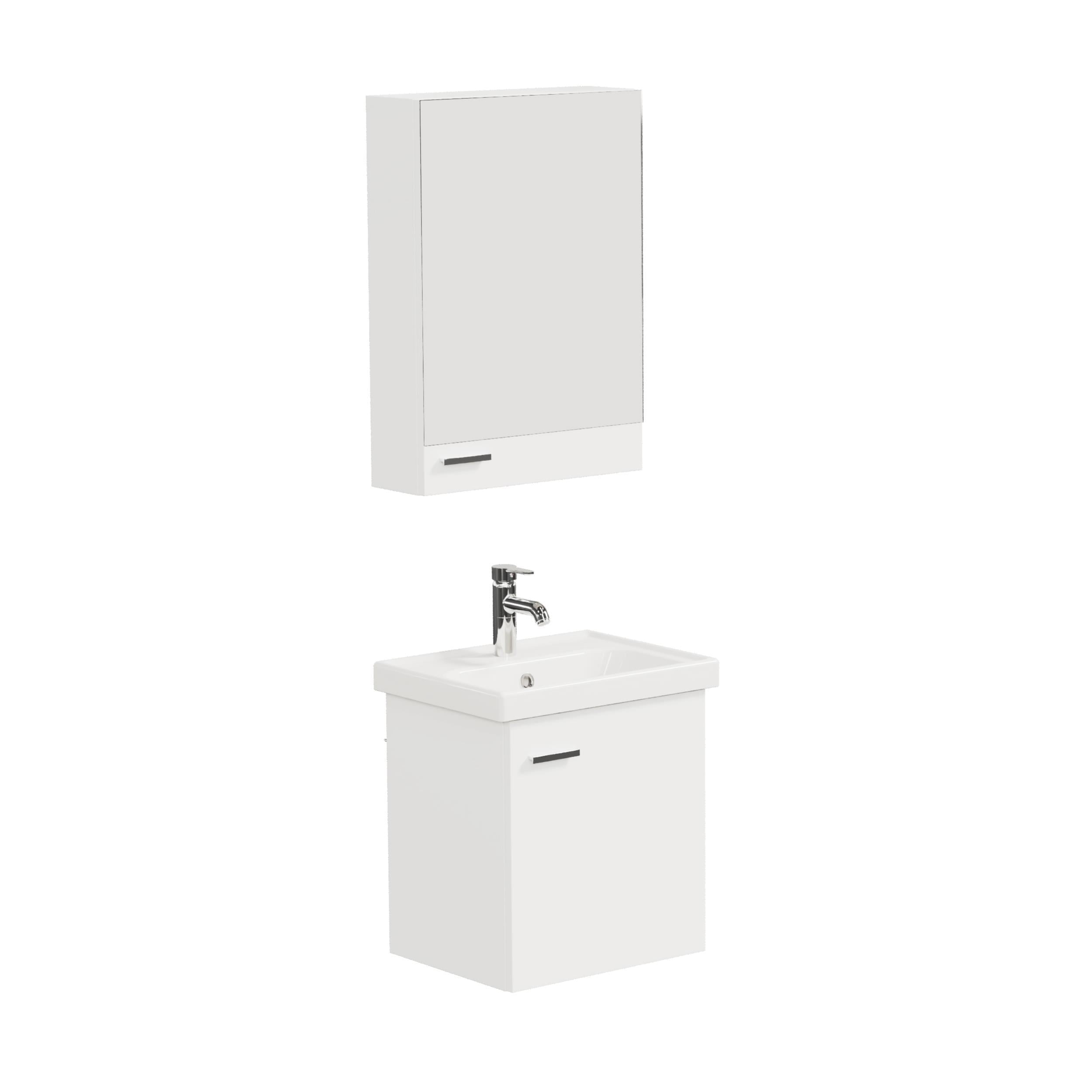 Aqua Bagno Basic Alt dolap + Üst dolap -Lavabo dahil-Beyaz ,50 cm. 3 parça
