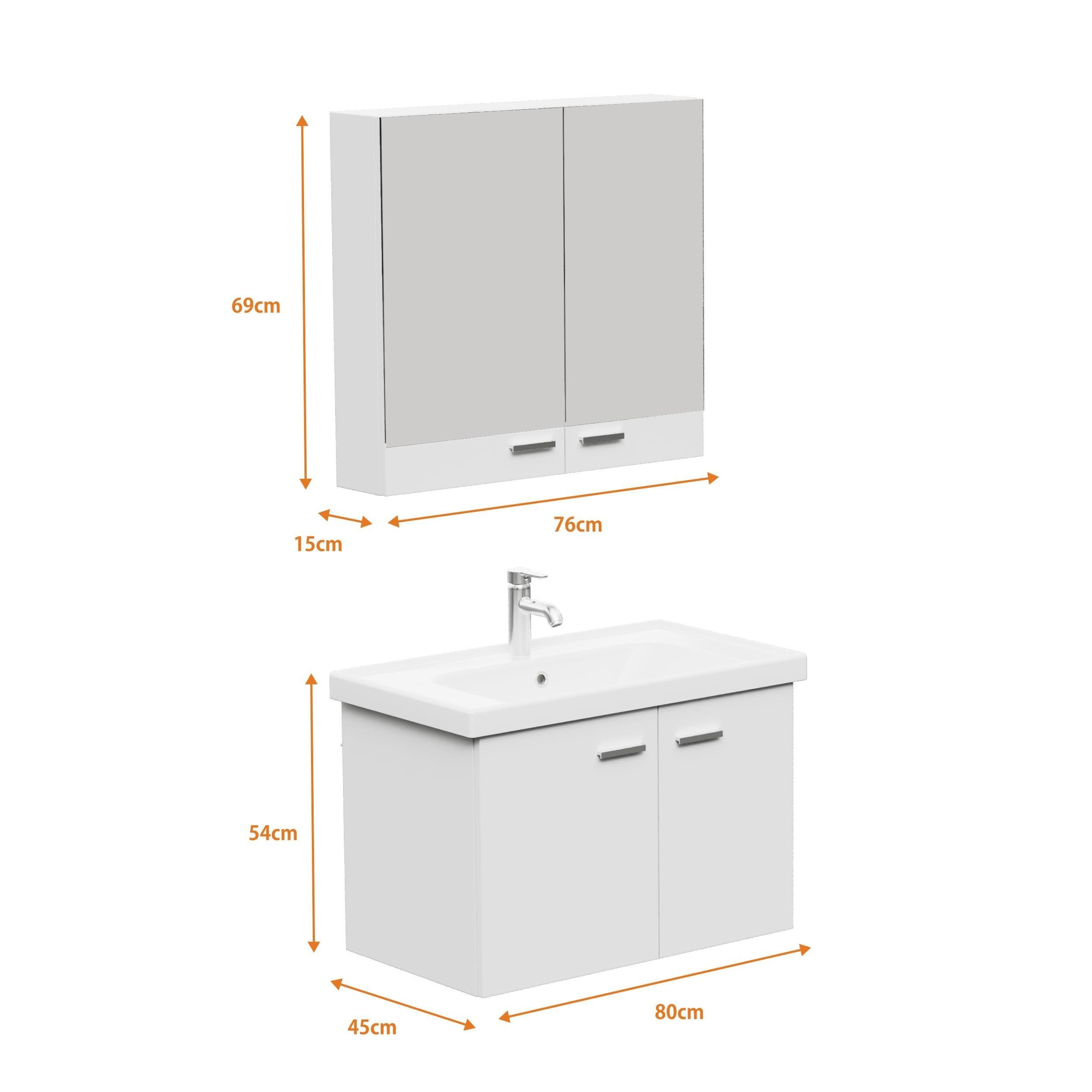 Aqua Bagno Basic Alt Dolap + Üst Dolap - Lavabo Dahil - Beyaz, 80 cm 3 Parça | S.50.02.33.03.01