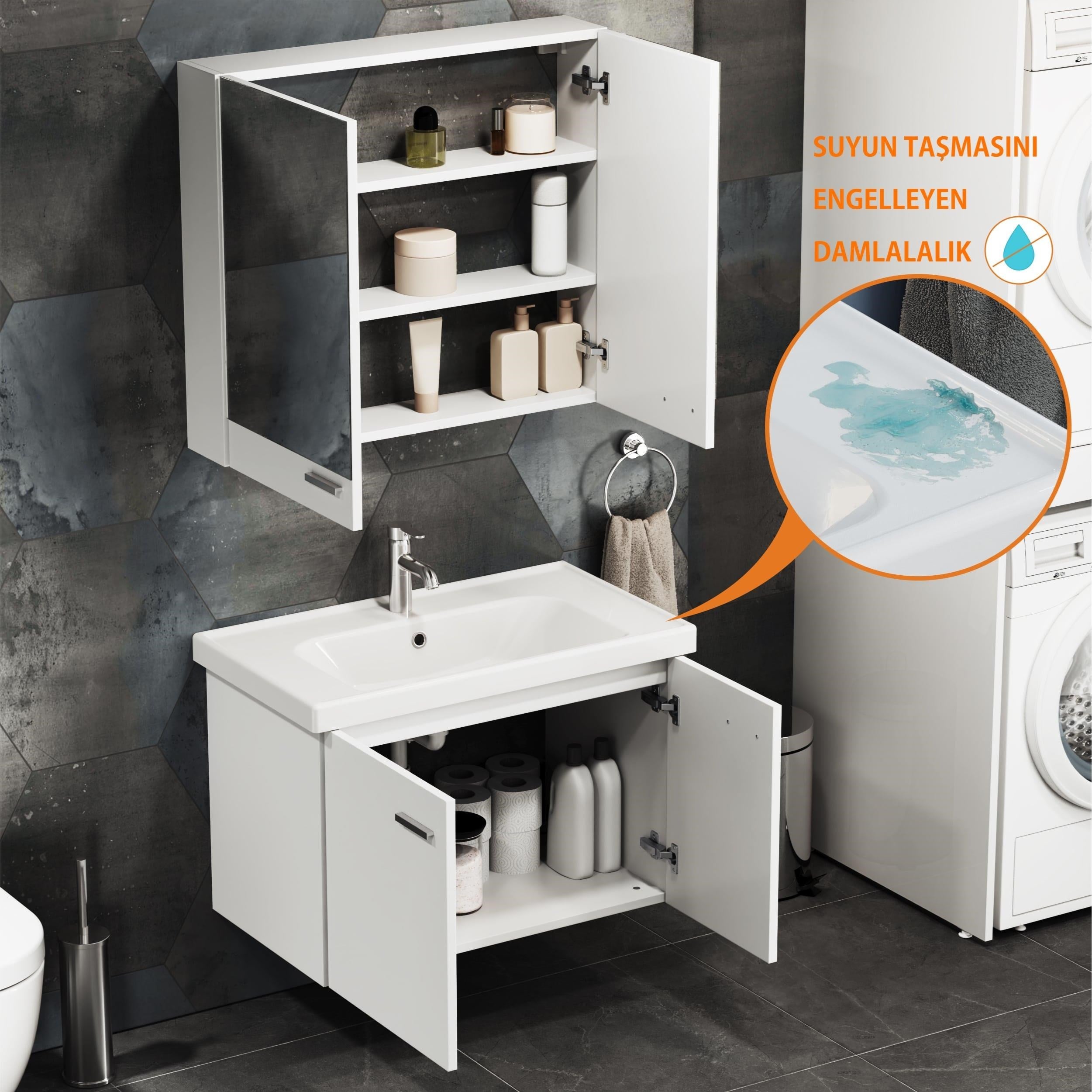 Aqua Bagno Basic Alt Dolap + Üst Dolap - Lavabo Dahil - Beyaz, 80 cm 3 Parça | S.50.02.33.03.01