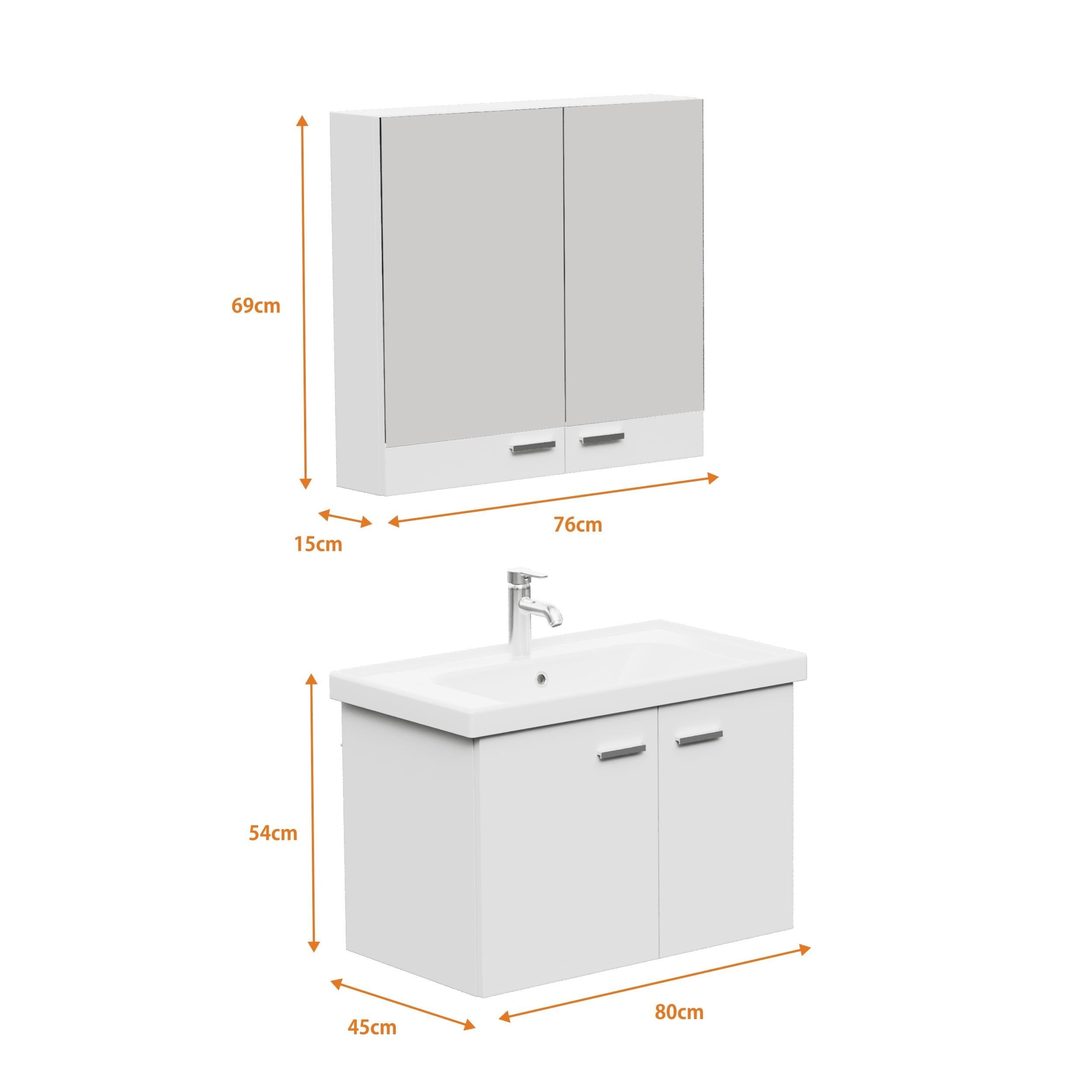 Aqua Bagno Basic Alt Dolap + Üst Dolap - Lavabo Dahil - Beyaz, 80 cm 3 Parça | S.50.02.33.03.01