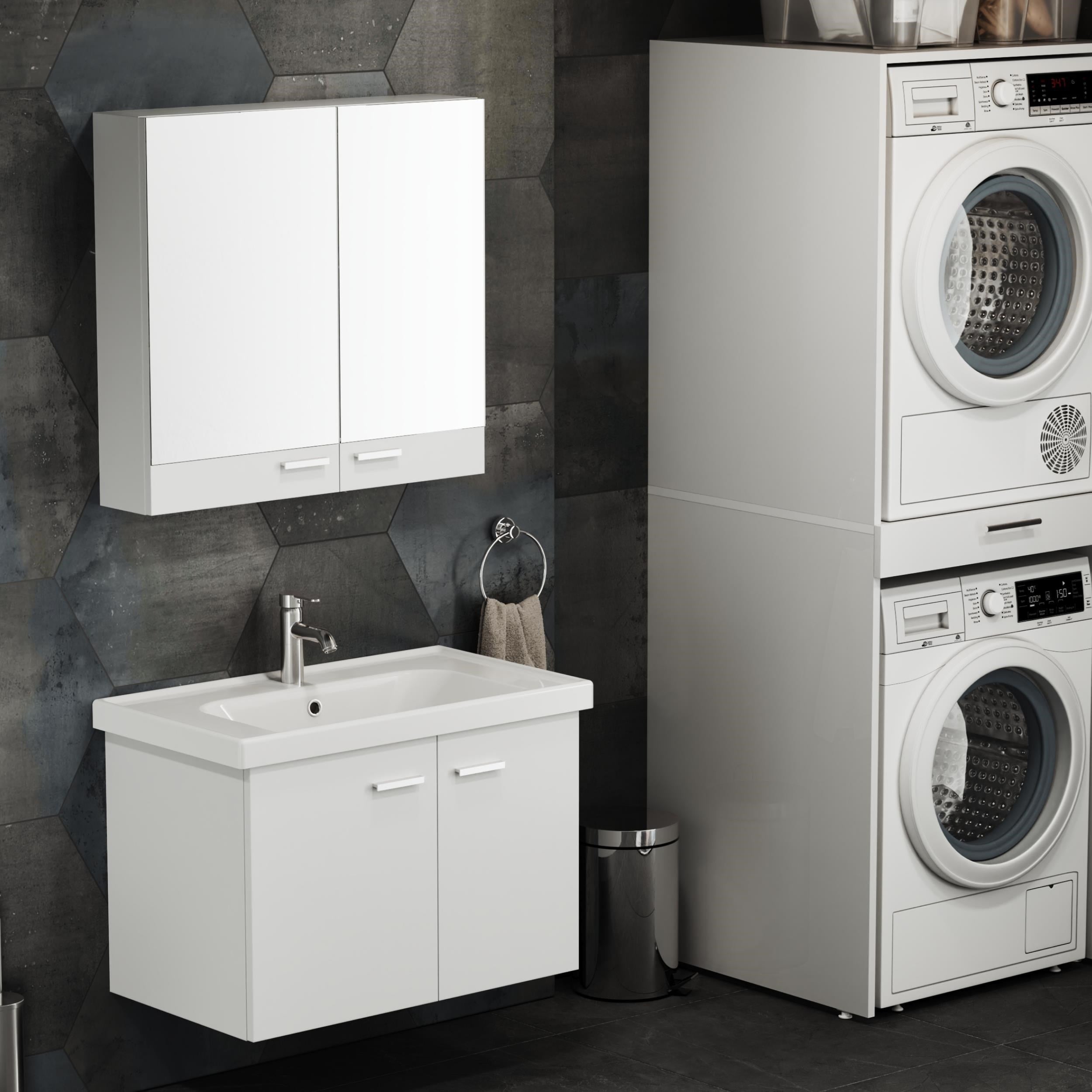 Aqua Bagno Basic Alt Dolap + Üst Dolap - Lavabo Dahil - Beyaz, 80 cm 3 Parça | S.50.02.33.03.01