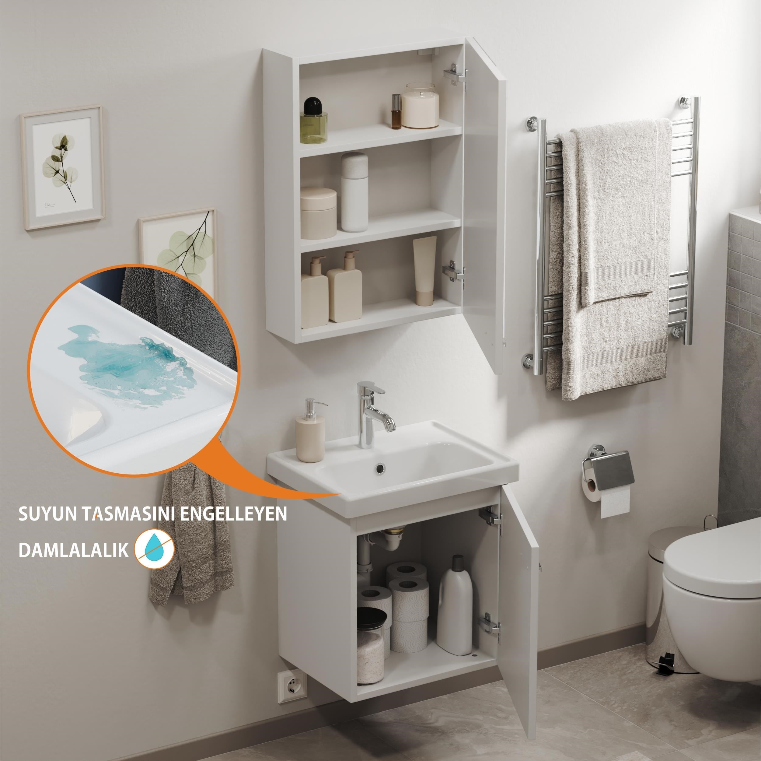 Aqua Bagno Basic Alt Dolap + Üst Dolap - Lavabo Dahil – Beyaz, 50 cm 3 Parça | S.50.02.33.01.01
