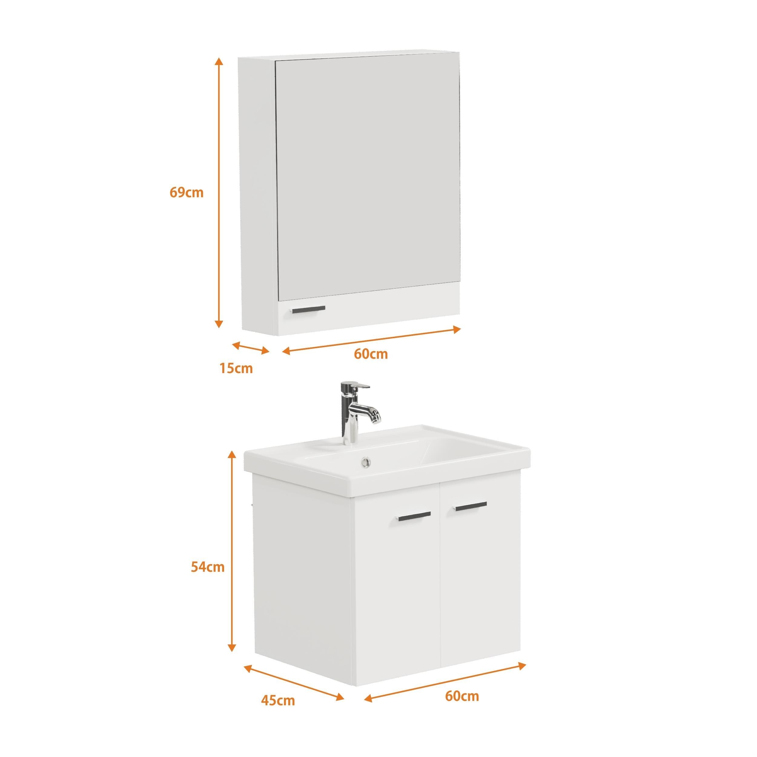 Aqua Bagno Basic Alt Dolap + Üst Dolap - Lavabo Dahil - Beyaz, 60 cm 3 Parça | S.50.02.33.02.01