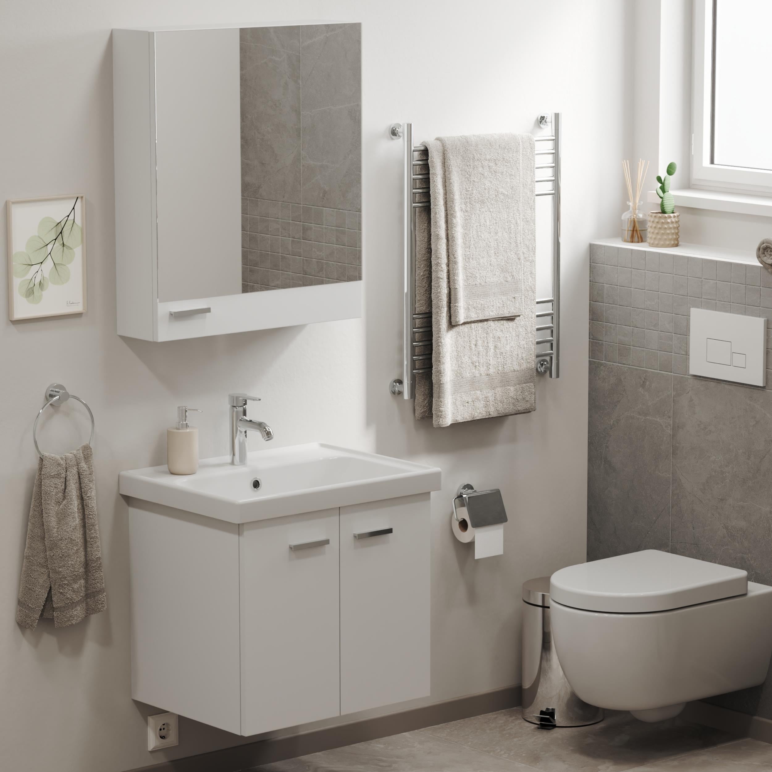 Aqua Bagno Basic Alt dolap + Üst dolap -Lavabo dahil-Beyaz ,60 cm. 3 parça