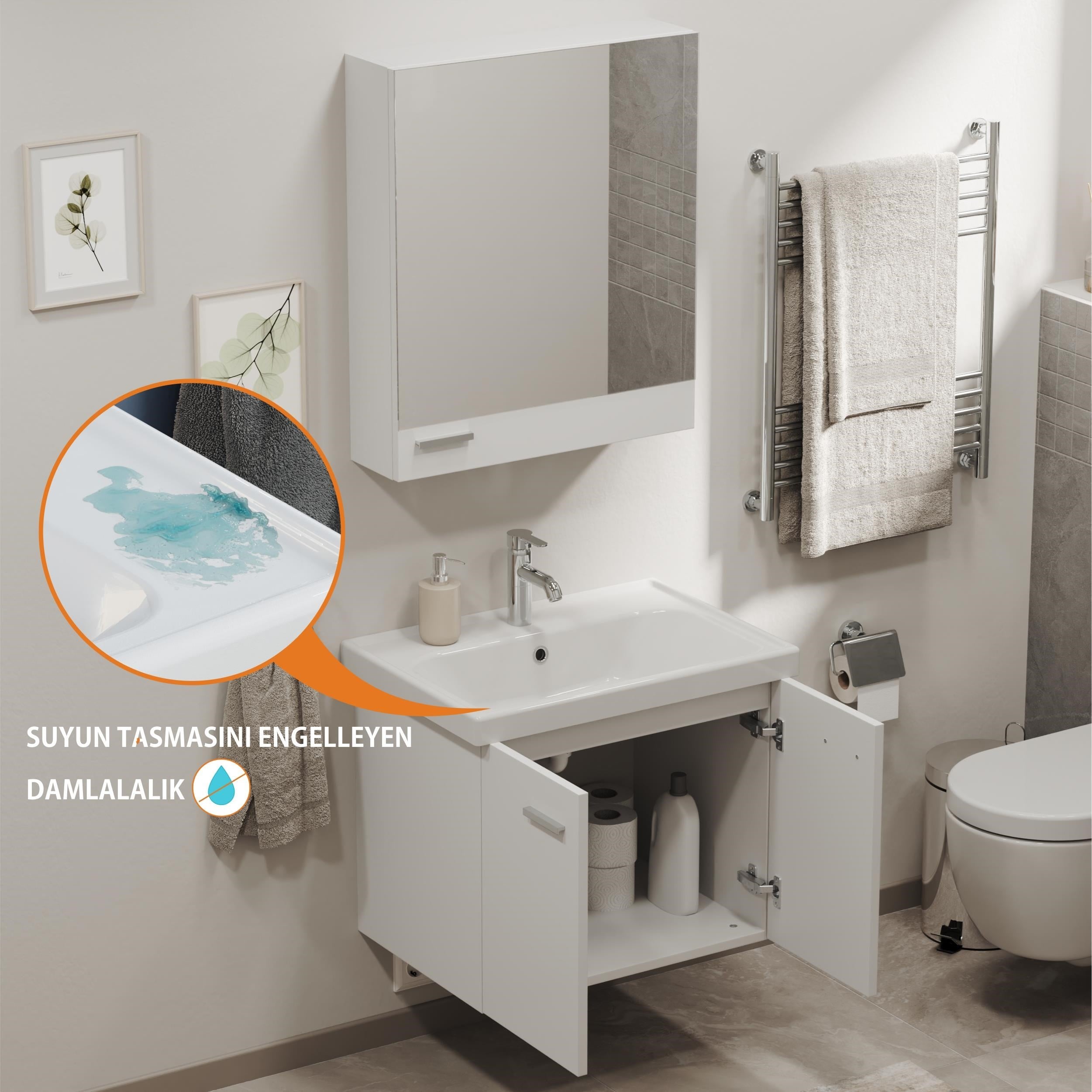 Aqua Bagno Basic Alt Dolap + Üst Dolap - Lavabo 65 cm – Beyaz | S.50.02.33.04.01