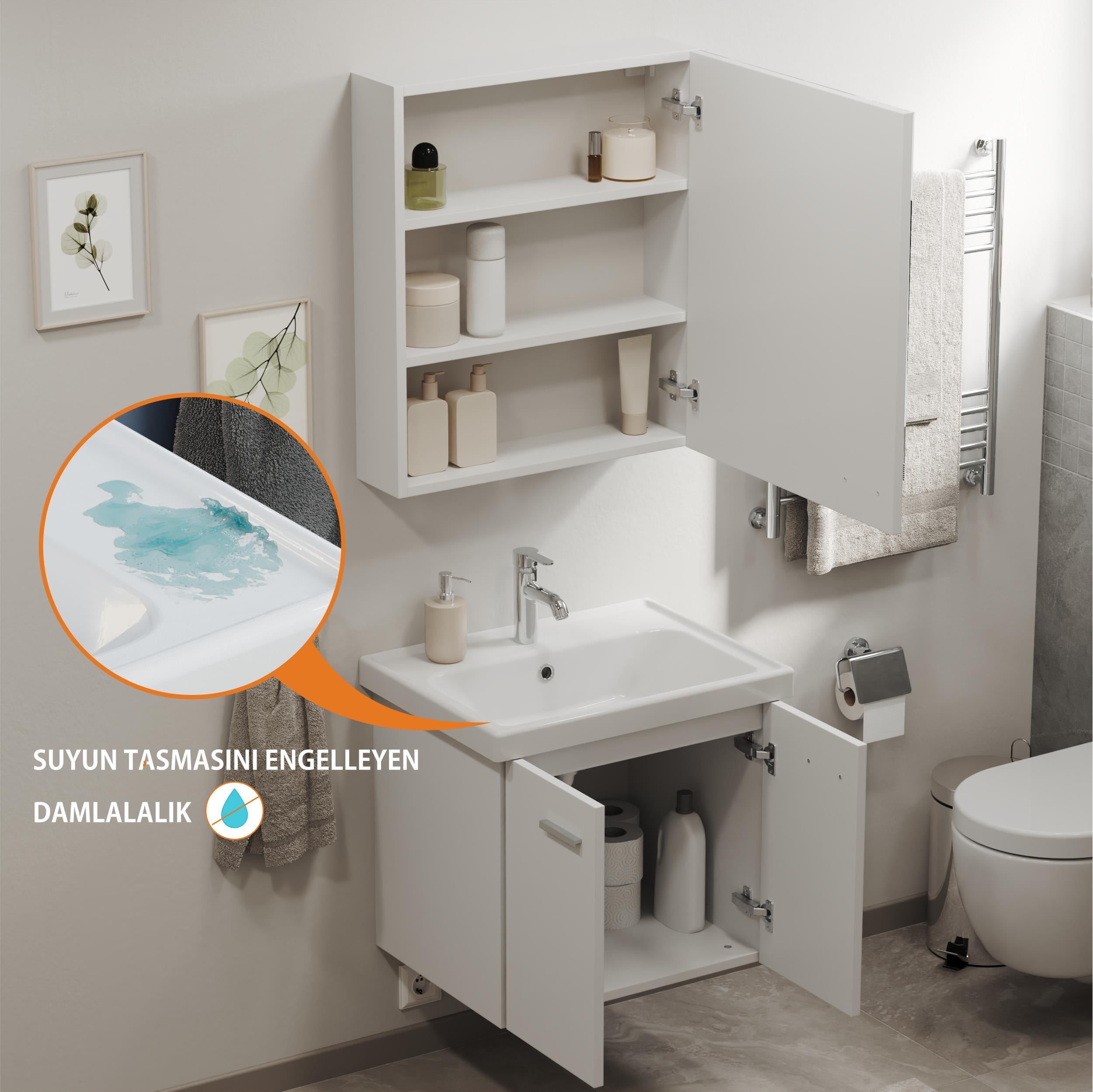 Aqua Bagno Basic Alt dolap + Üst dolap -Lavabo dahil-Beyaz ,60 cm. 3 parça