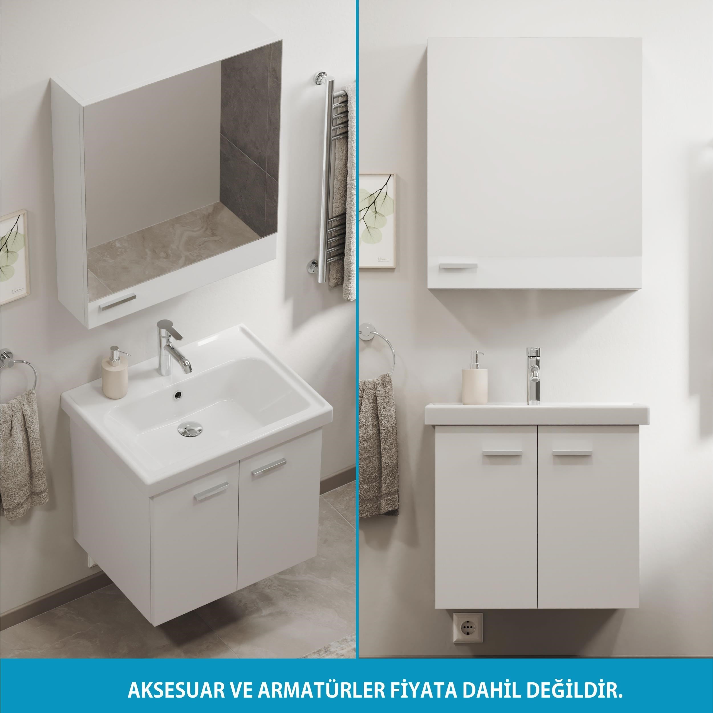 Aqua Bagno Basic Alt Dolap + Üst Dolap - Lavabo Dahil - Beyaz, 60 cm 3 Parça | S.50.02.33.02.01