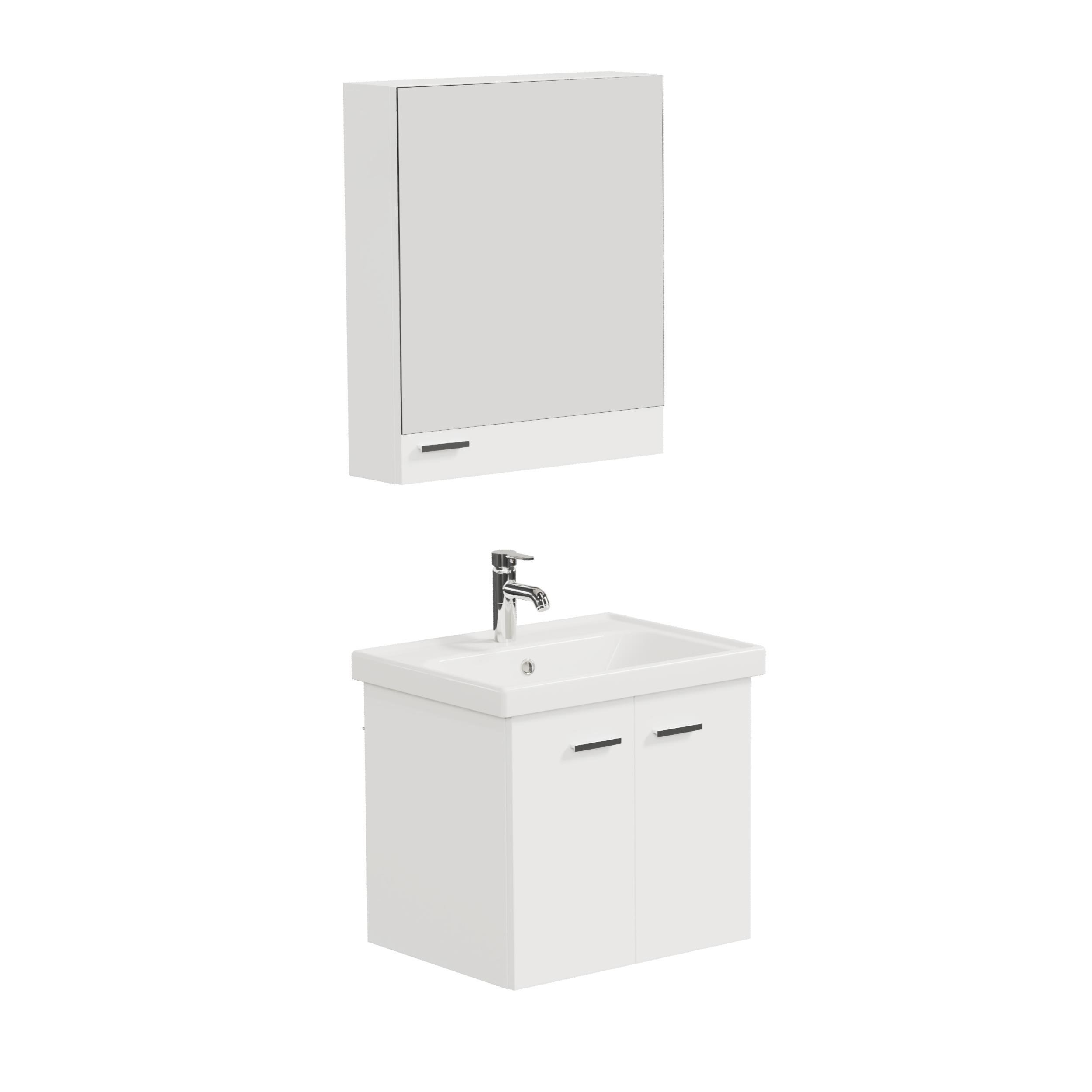 Aqua Bagno Basic Alt Dolap + Üst Dolap - Lavabo Dahil - Beyaz, 60 cm 3 Parça | S.50.02.33.02.01