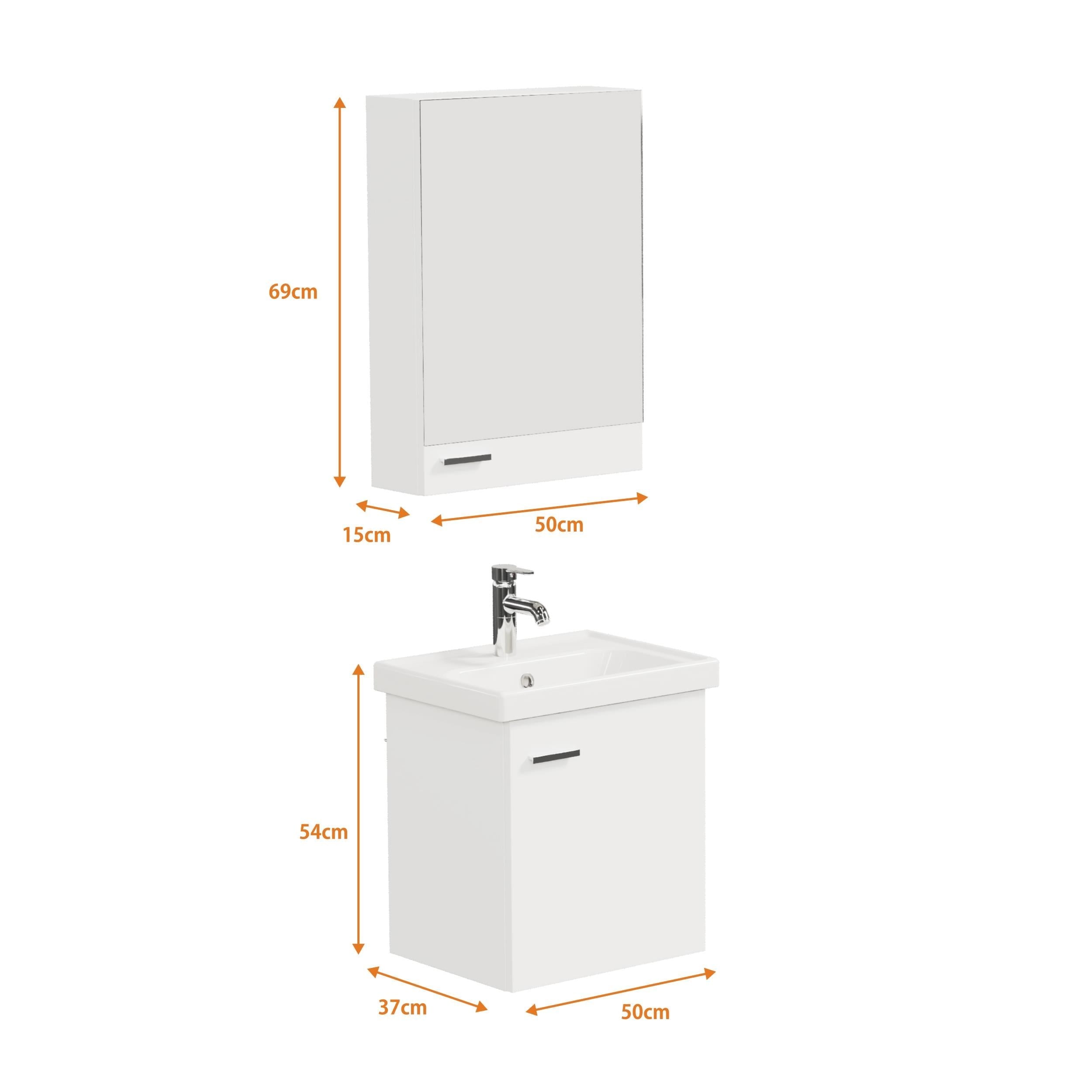 Aqua Bagno Basic Alt Dolap + Üst Dolap - Lavabo Dahil – Beyaz, 50 cm 3 Parça | S.50.02.33.01.01